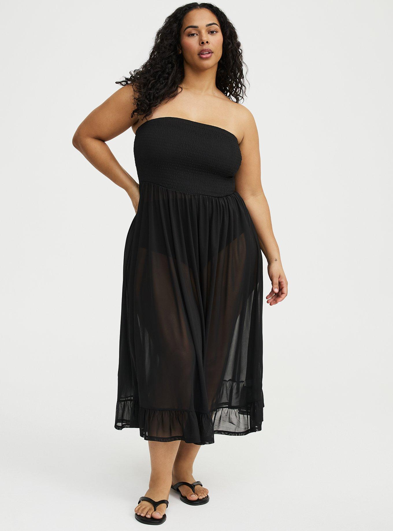 Mesh Smocked Swim Maxi Cover-Up, DEEP BLACK, hi-res