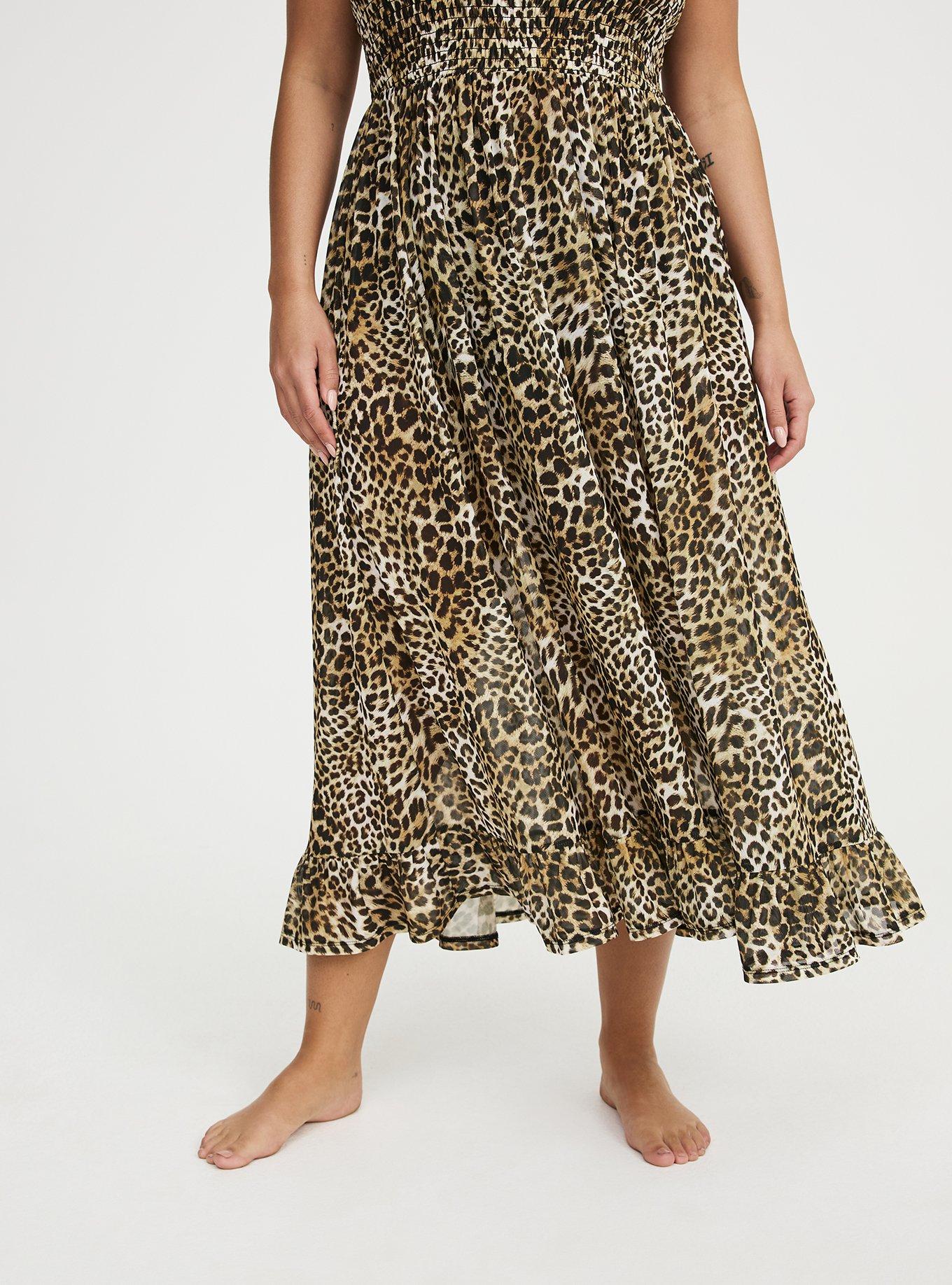 Mesh Smocked Swim Maxi Cover-Up, JORDYN LEOPARD TAN, alternate