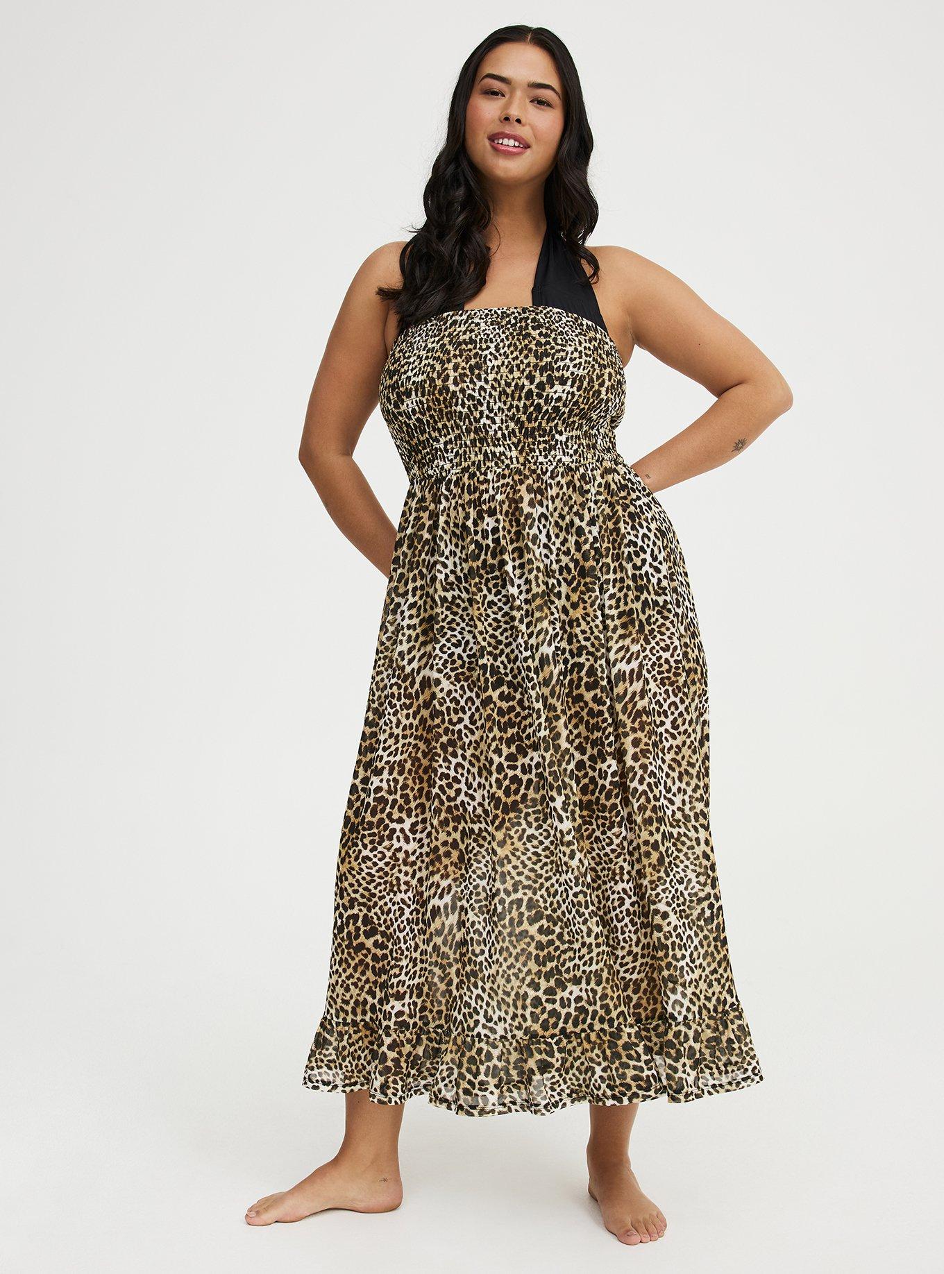 Mesh Smocked Swim Maxi Cover-Up, JORDYN LEOPARD TAN, hi-res