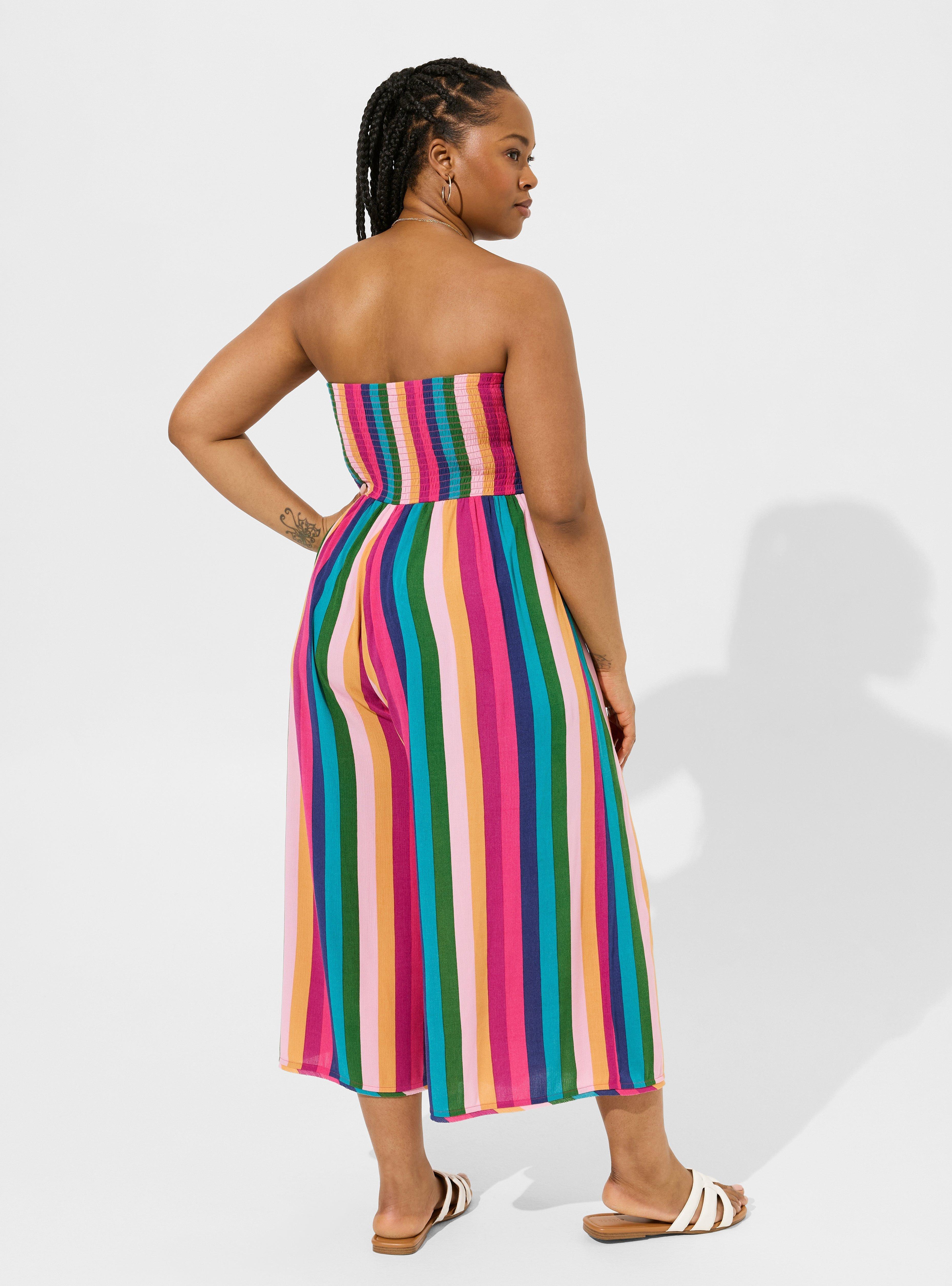 Washable Gauze Drape Leg Cover-Up Jumpsuit, RAINBOW RUGBY STRIPE, alternate