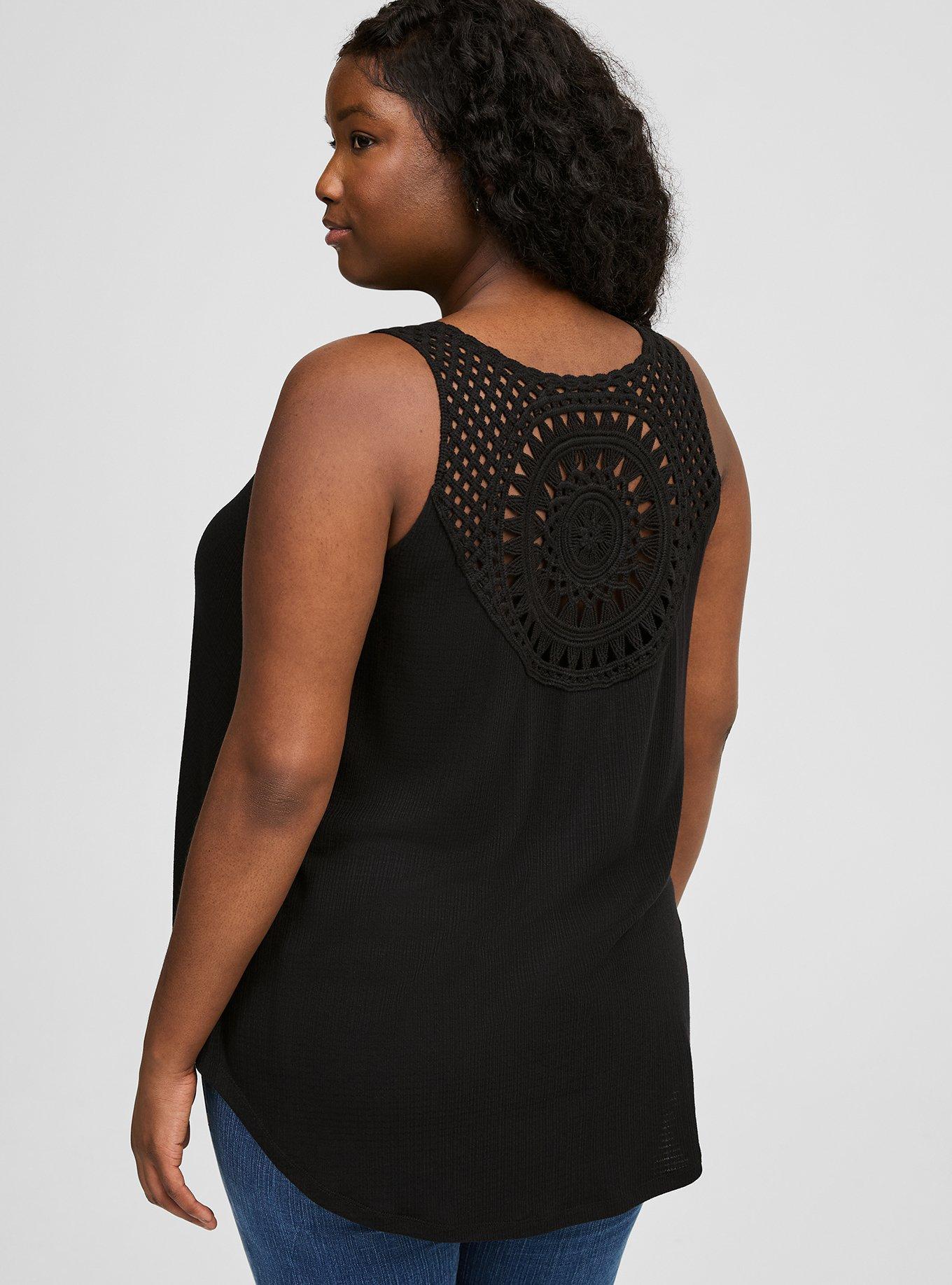 Textured Jersey V-Neck Crochet Swing Tank, DEEP BLACK, alternate