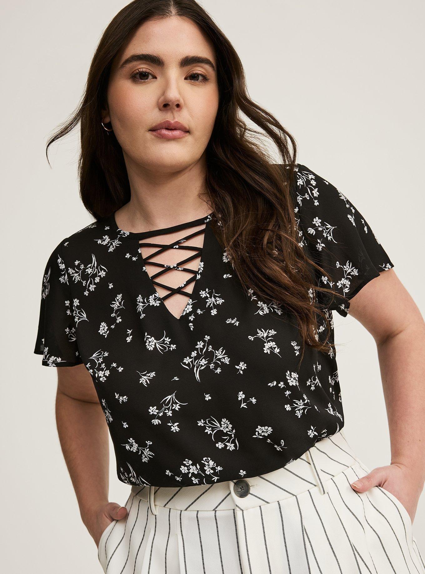 Plus Size - Georgette Lattice V-Neck Flutter Sleeve Blouse Plus Size - Georgette Lattice V-Neck Flutter Sleeve Blouse