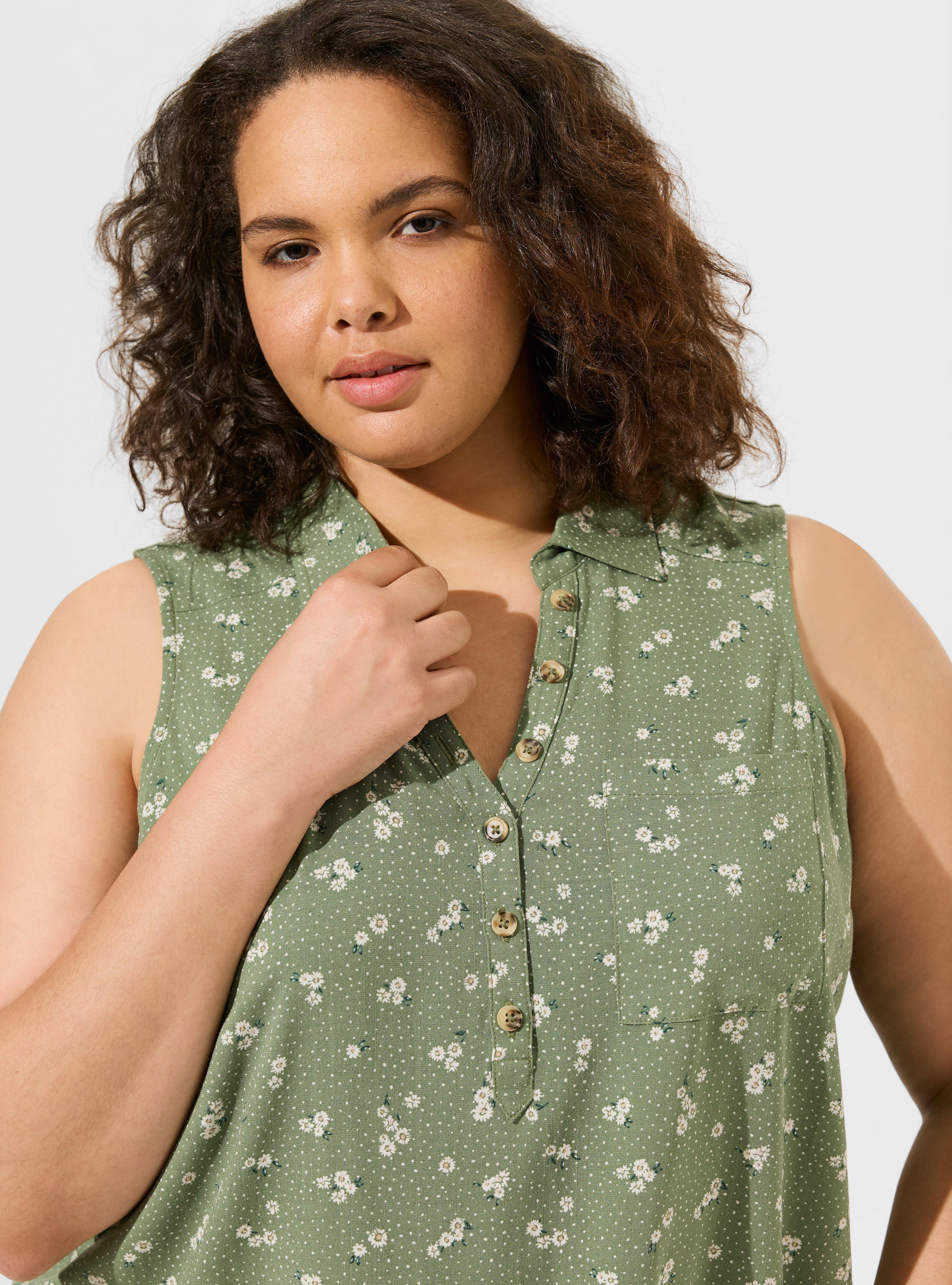 Rayon Slub Collared Sleeveless Pullover, SPECKLE DAISY FLORAL OLIVINE, alternate