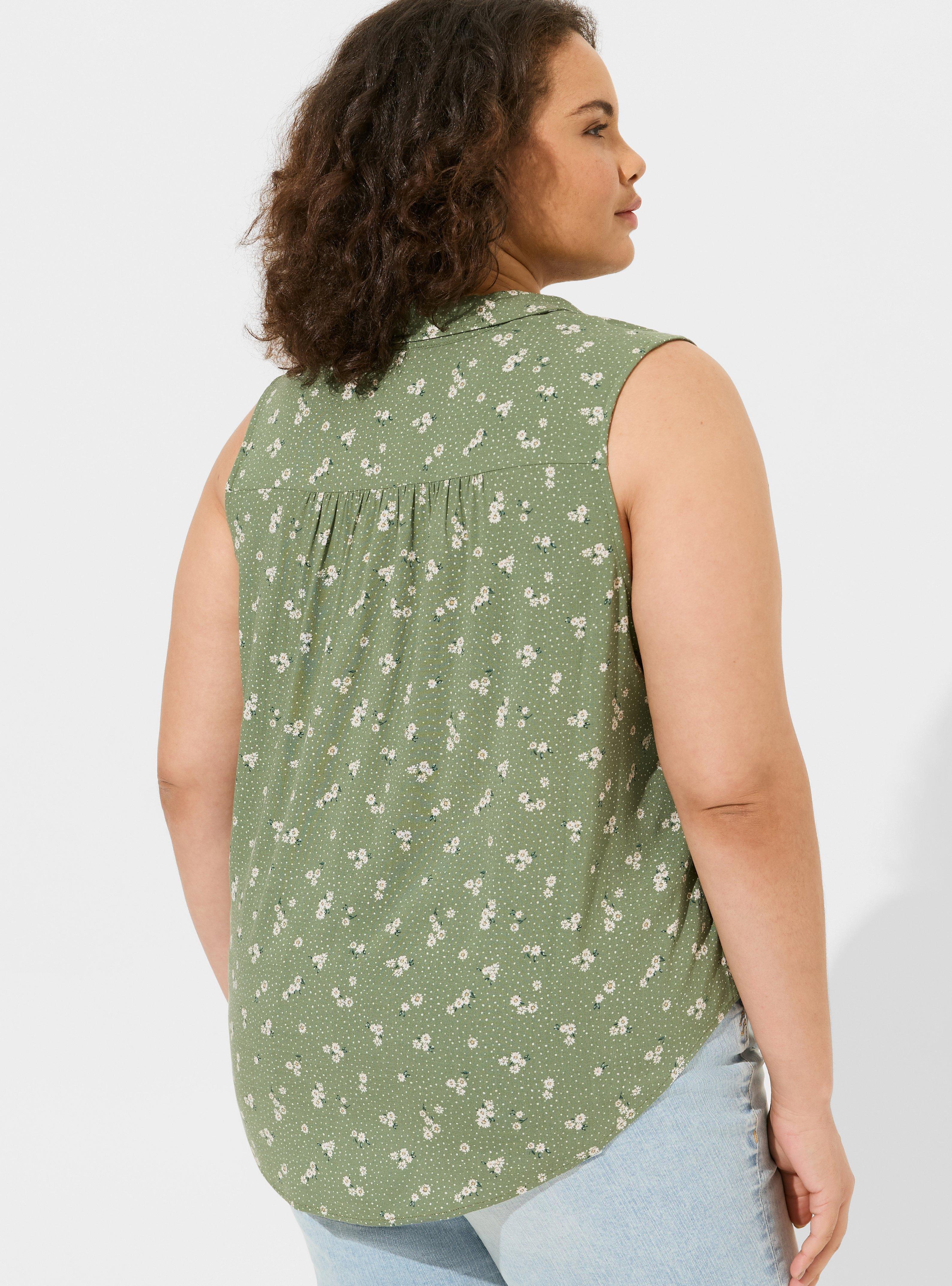 Rayon Slub Collared Sleeveless Pullover, SPECKLE DAISY FLORAL OLIVINE, alternate