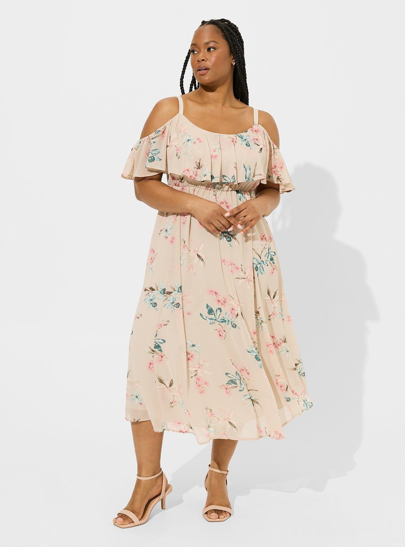 Tea Length Chiffon Cold Shoulder A-Line Dress