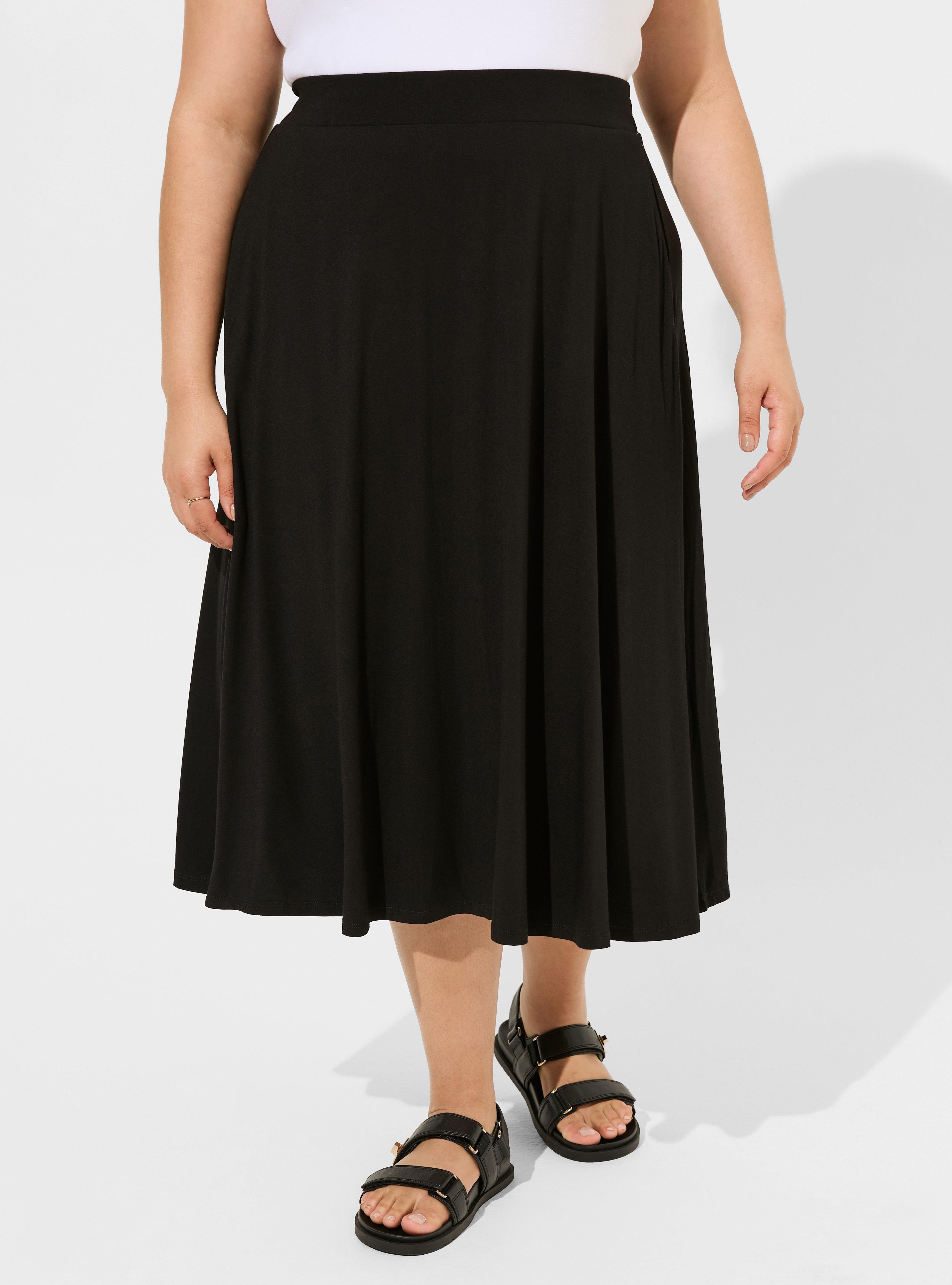 Tea Length Super Soft A-Line Skirt, DEEP BLACK, alternate