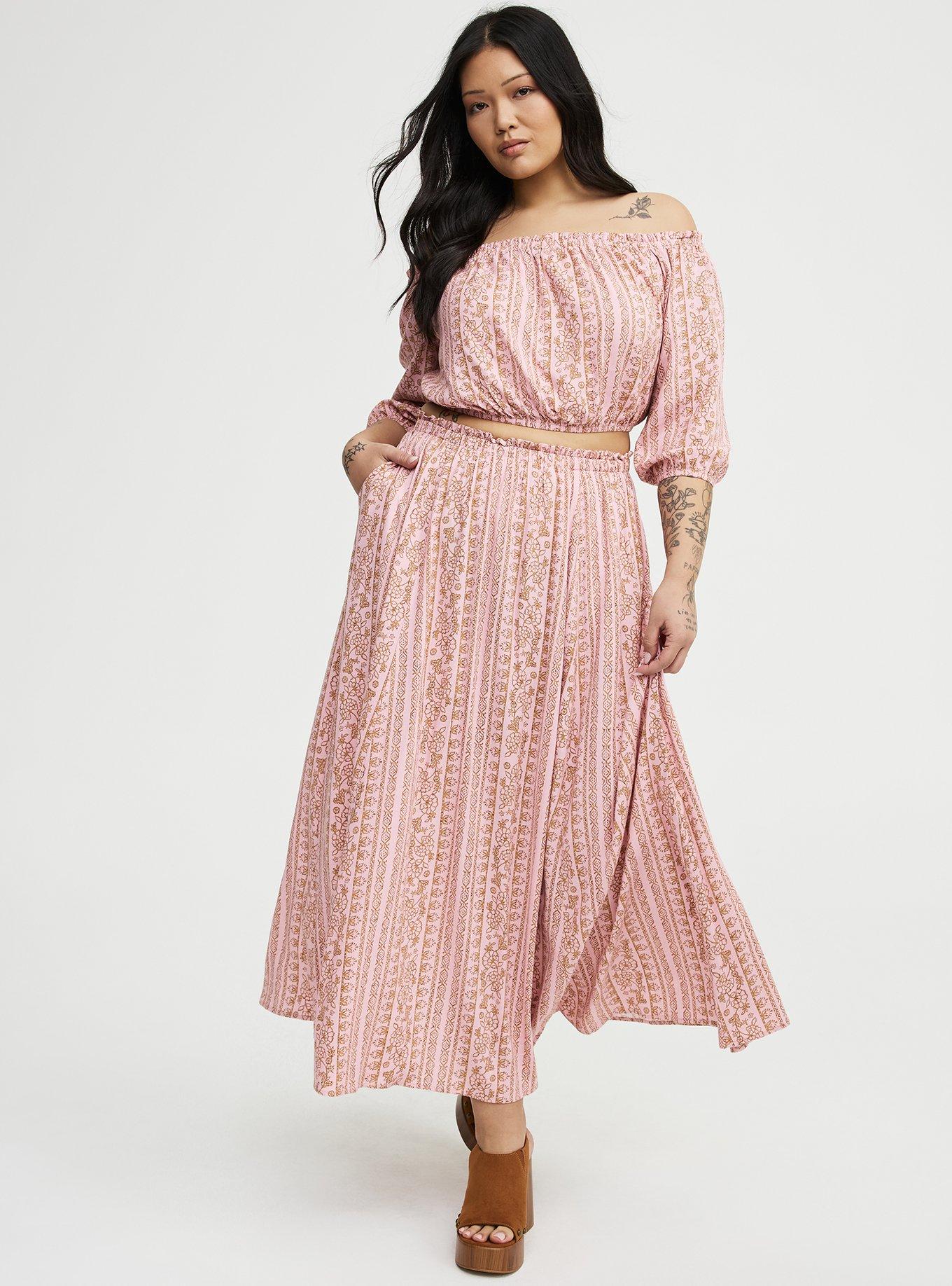 Off-Shoulder Maxi Skirt Set, POCKY BOHO STRIPE PINK, hi-res