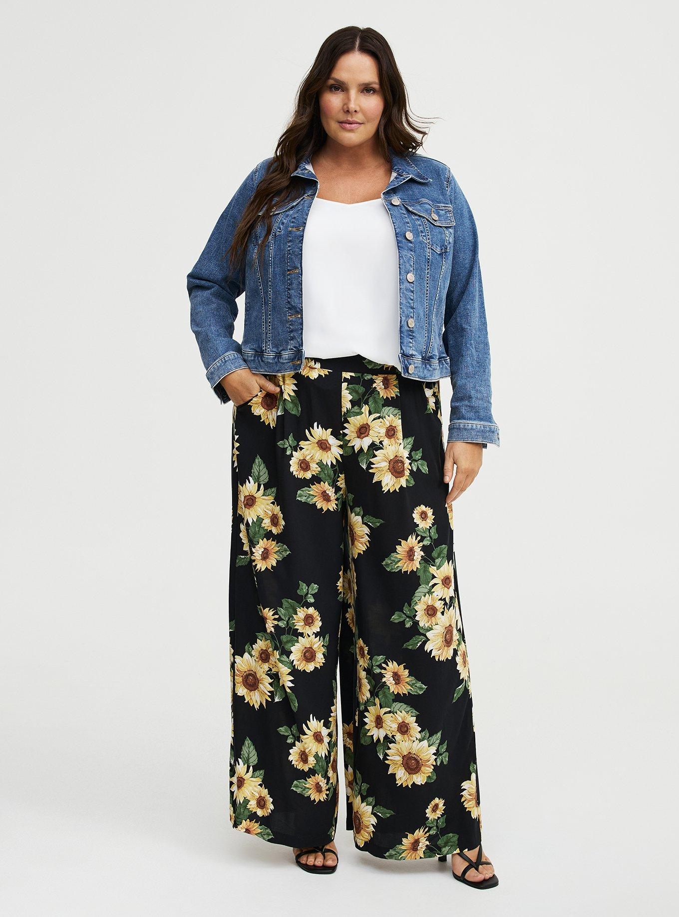 Plus Size High-Rise Pull-On Wide-Leg Pant, CLASSIC SUNFLOWERS FLORAL BLACK, hi-res