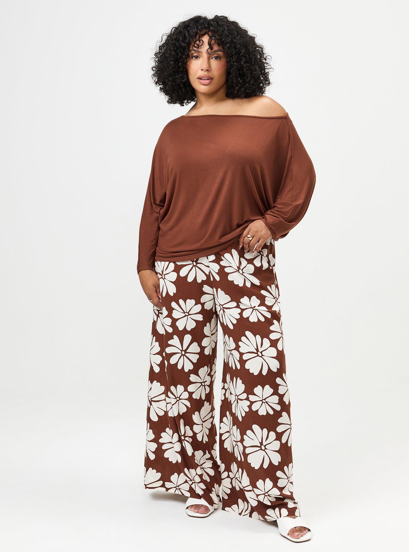 Plus Size High-Rise Pull-On Wide-Leg Pant, FRATURED DAISIES FLORAL BROWN, hi-res