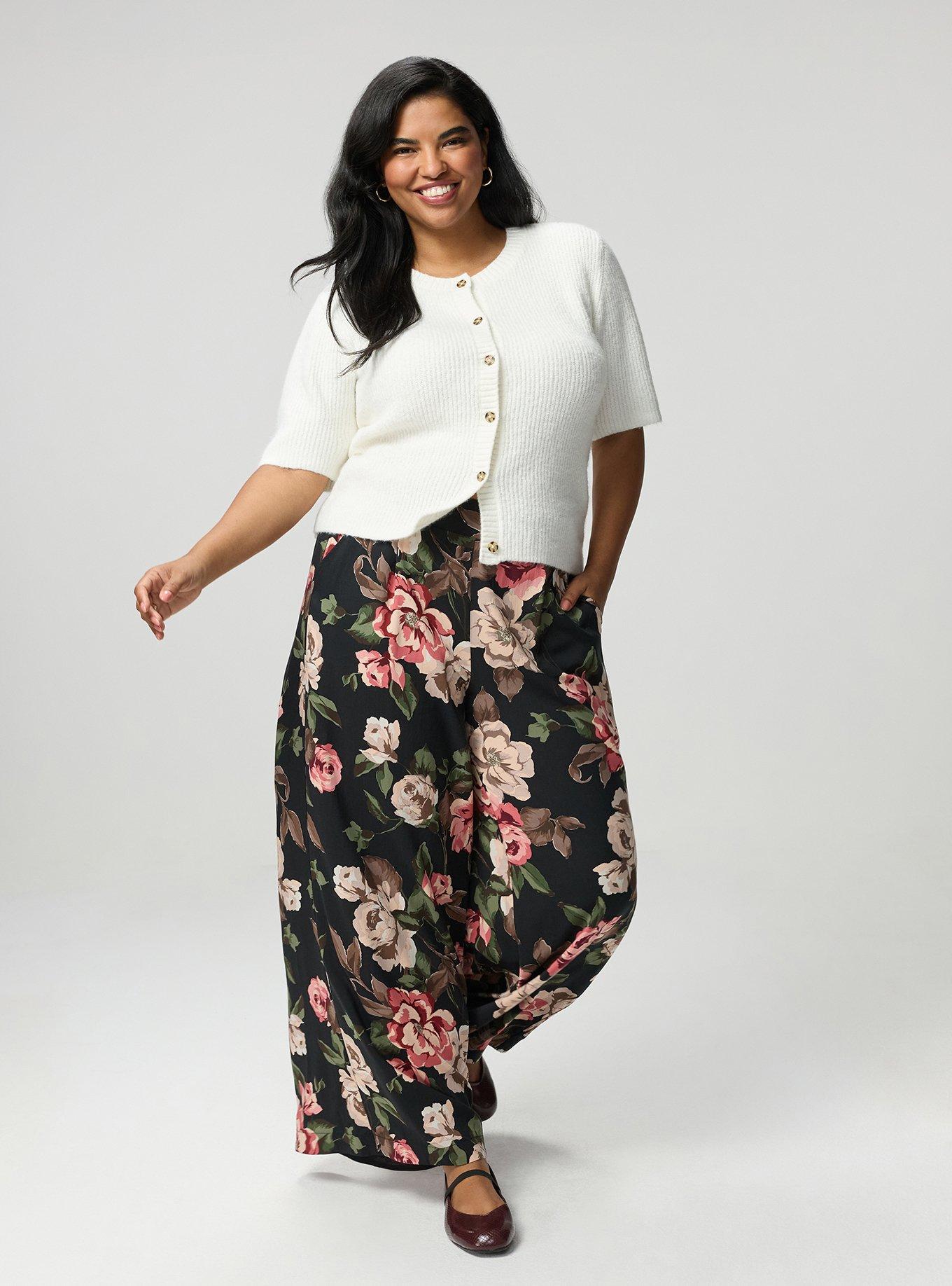 High-Rise Pull-On Wide-Leg Pant, PAINTED PEONY FLORAL BLACK, alternate