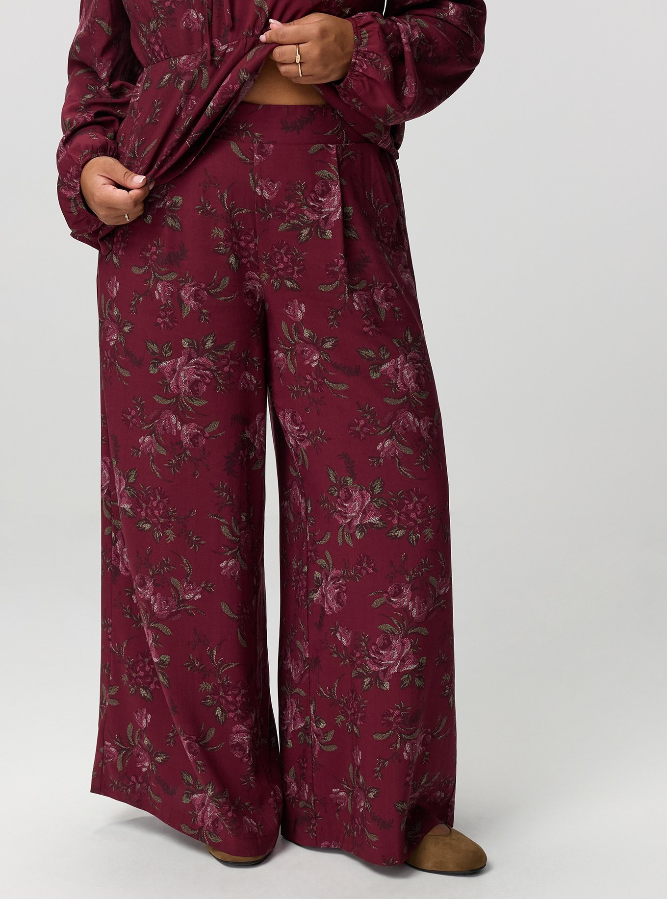 High-Rise Pull-On Wide-Leg Pant, HEIDI FLORAL BURGUNDY, alternate