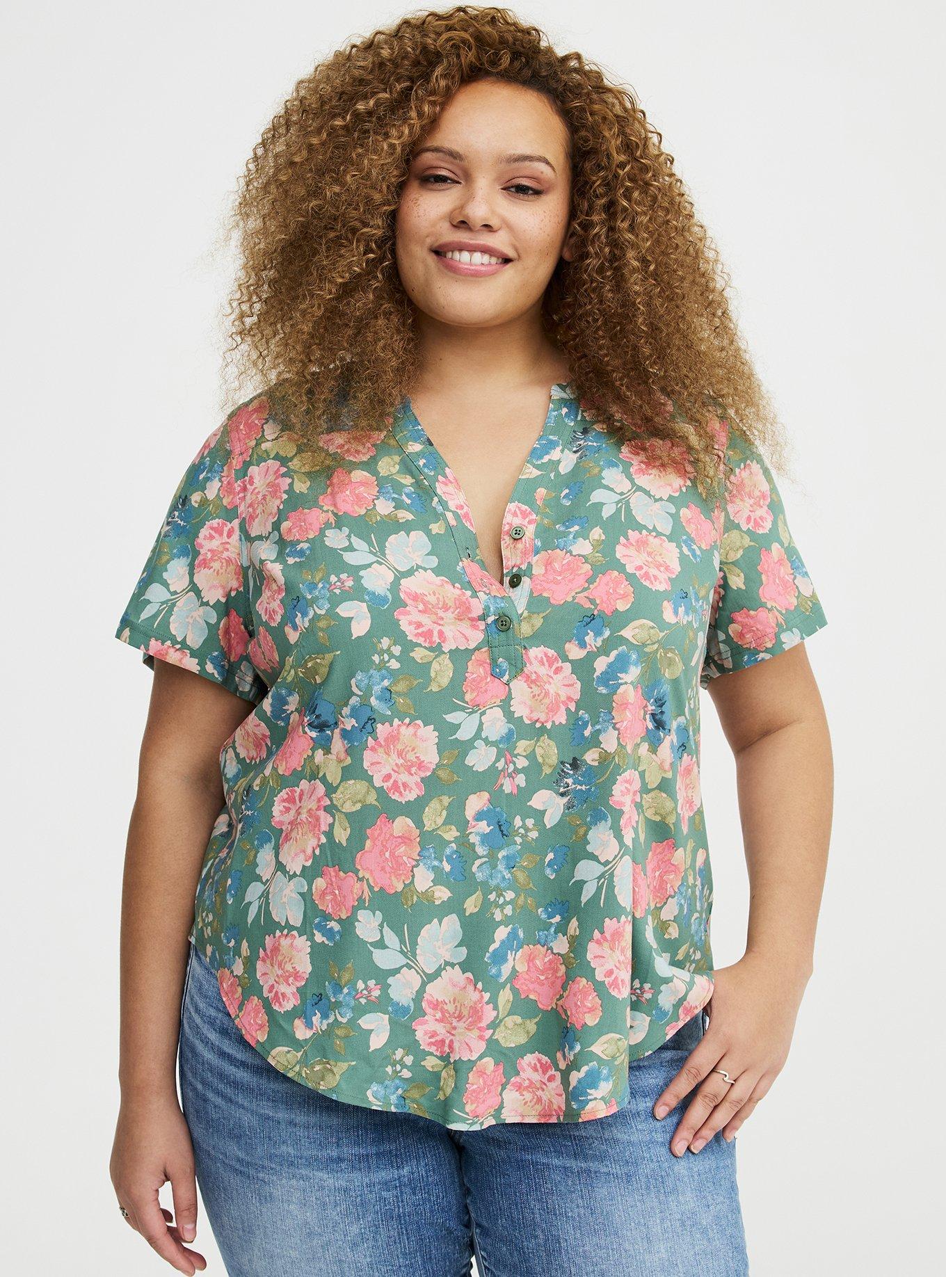 Harper Challis Short Sleeve Blouse, WILD FIELD FLORAL GREEN, hi-res