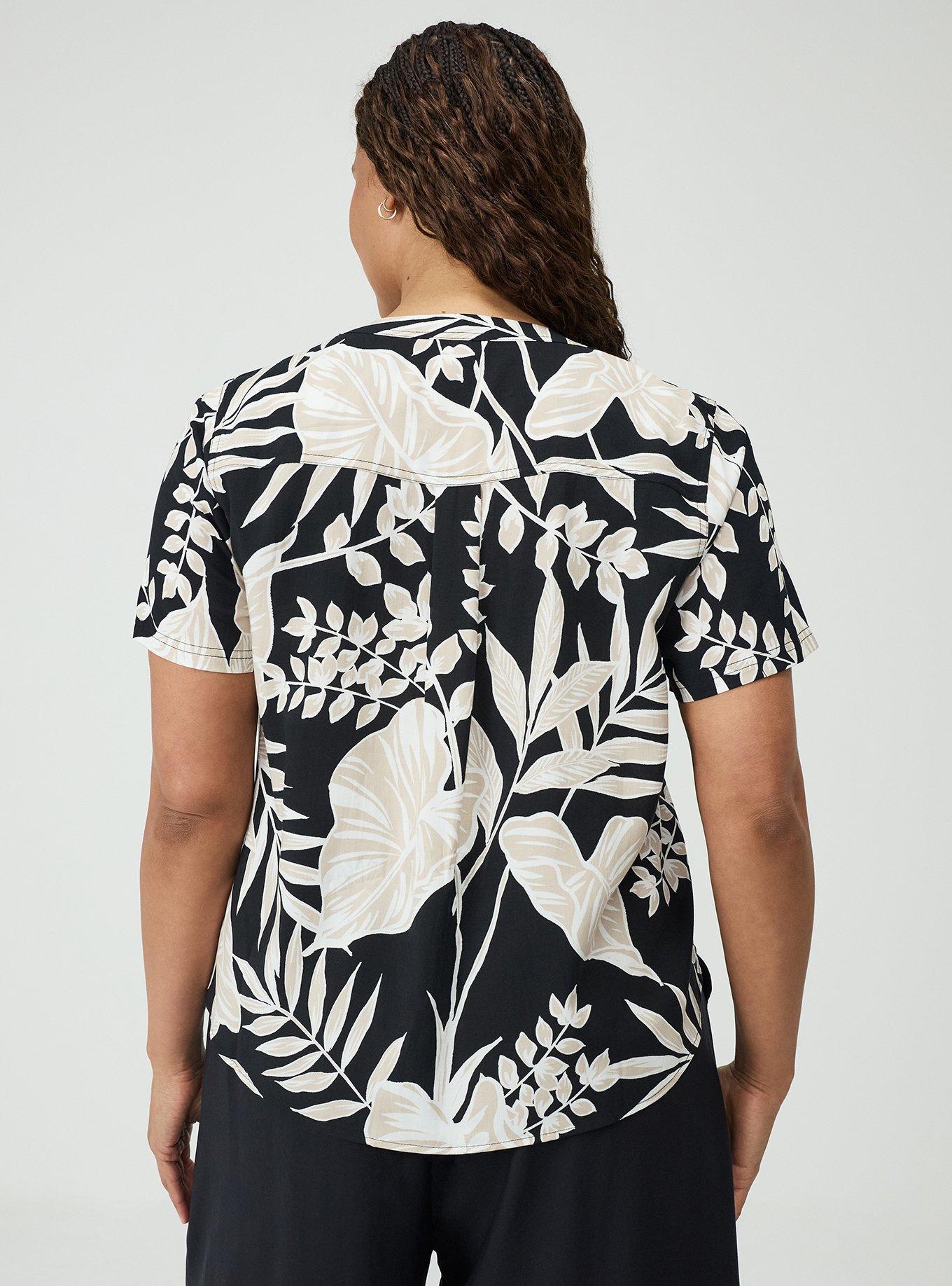 Plus Size Harper Challis Short Sleeve Blouse, LINED LEAVES BLACK, alternate