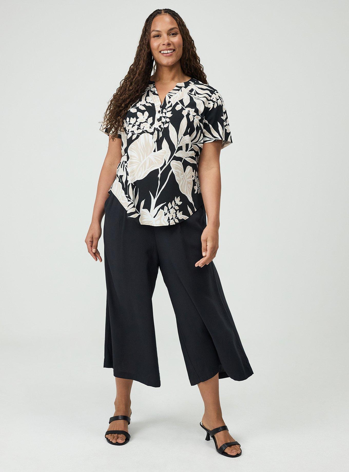 Plus Size Harper Challis Short Sleeve Blouse, LINED LEAVES BLACK, alternate