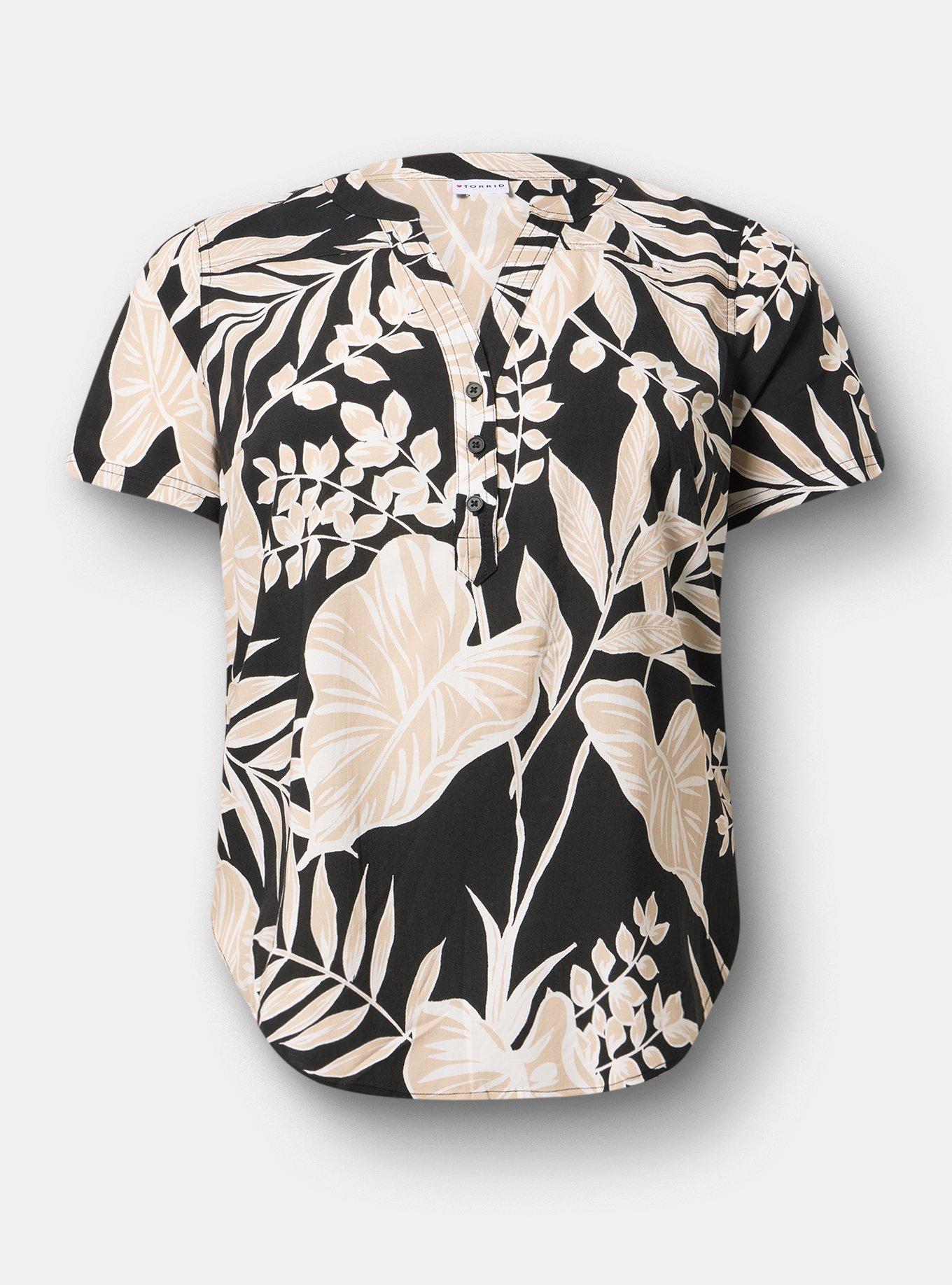 Plus Size Harper Challis Short Sleeve Blouse, LINED LEAVES BLACK, hi-res