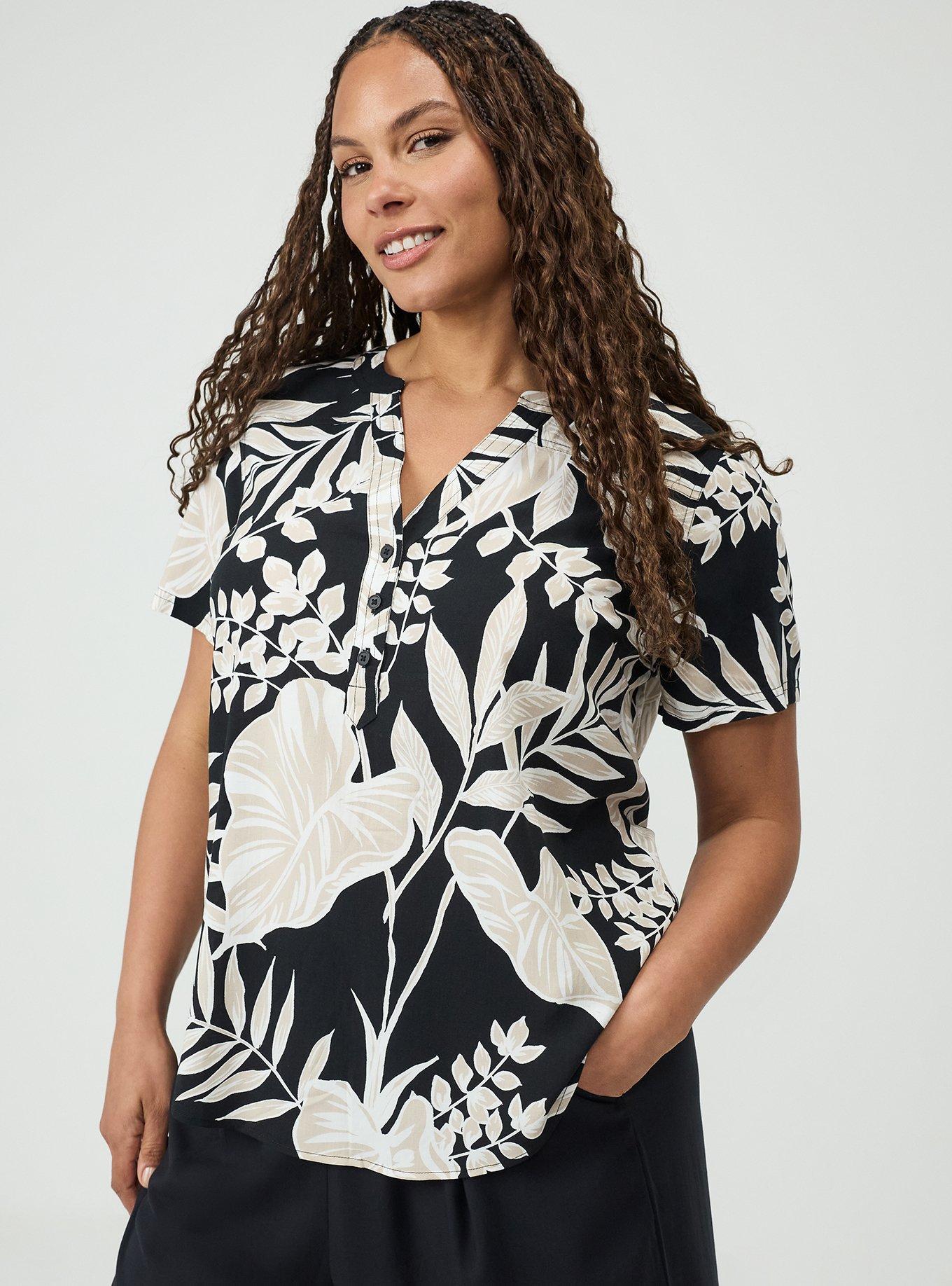 Plus Size Harper Challis Short Sleeve Blouse, LINED LEAVES BLACK, hi-res