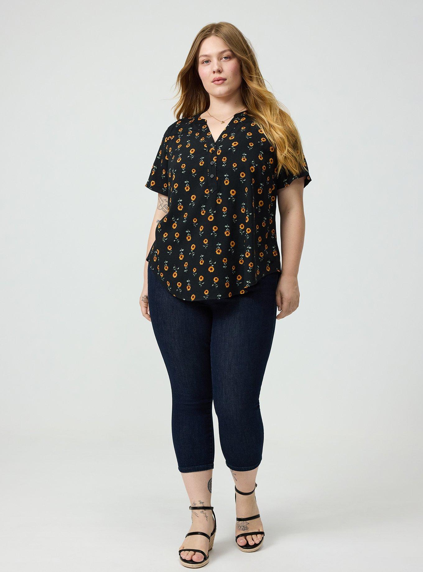 Harper Challis Short Sleeve Blouse, STEM SUNFLOWERS DEEP BLACK, alternate