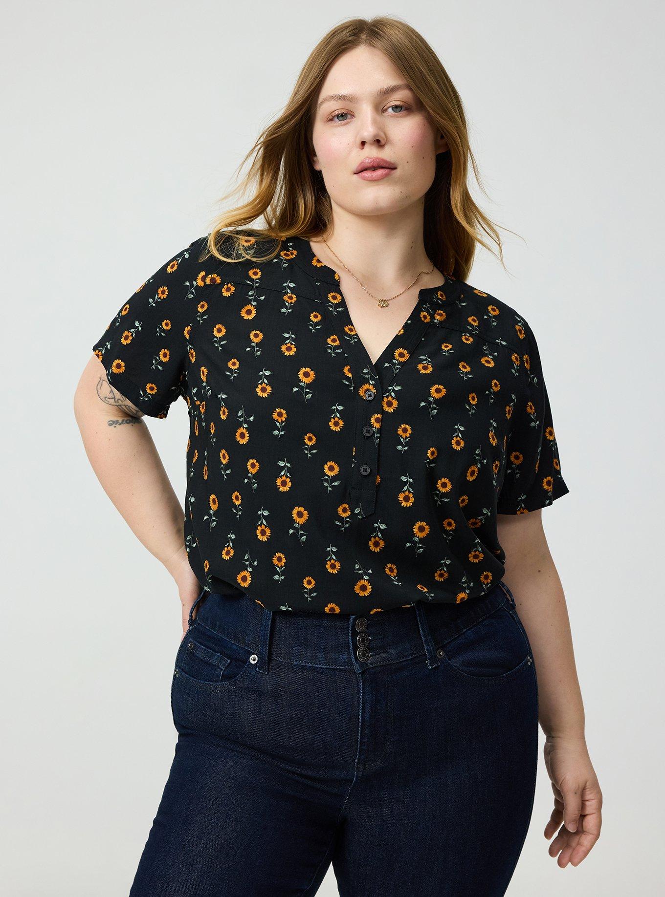 Harper Challis Short Sleeve Blouse, STEM SUNFLOWERS DEEP BLACK, alternate