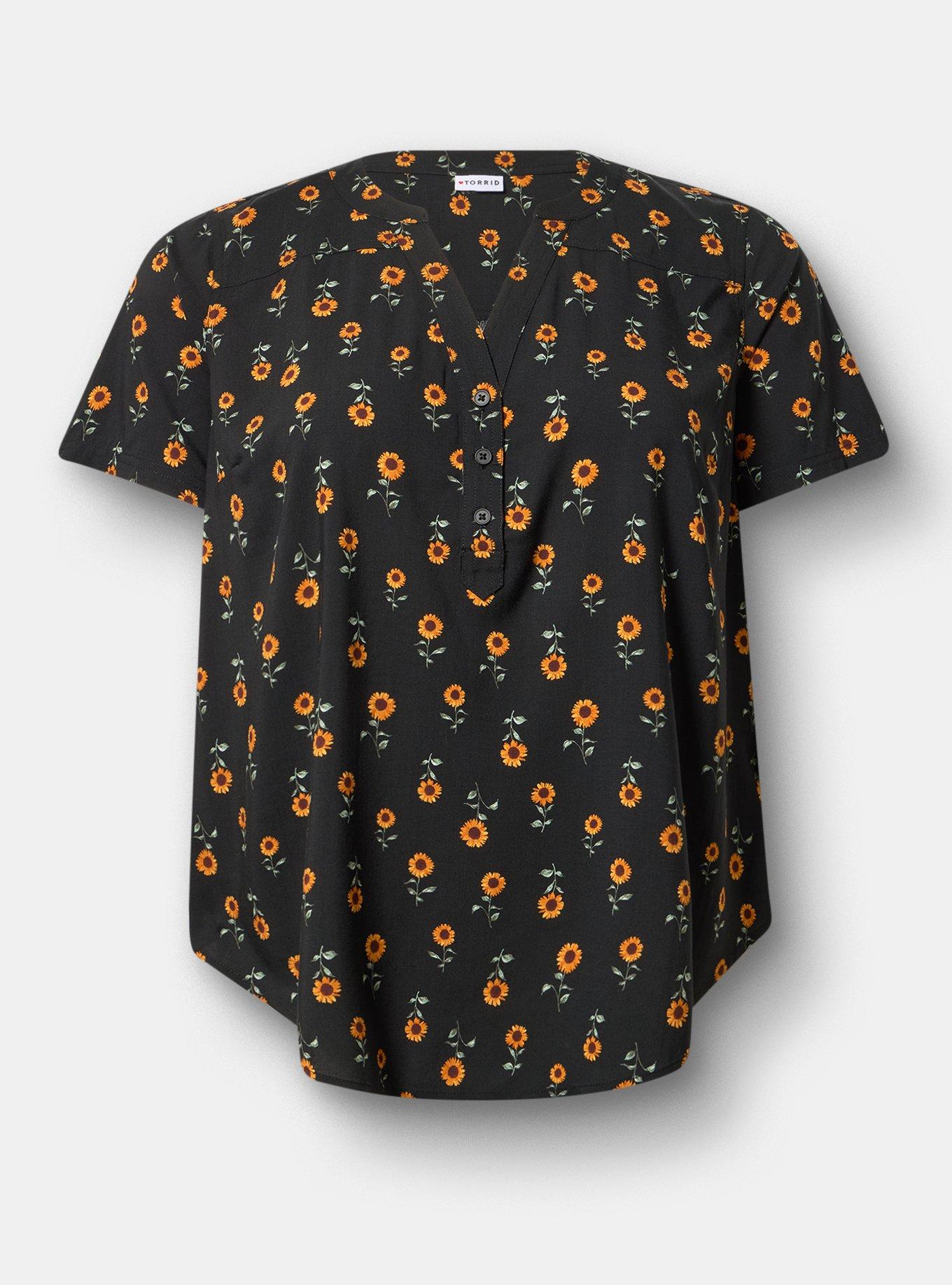 Harper Challis Short Sleeve Blouse, STEM SUNFLOWERS DEEP BLACK, hi-res