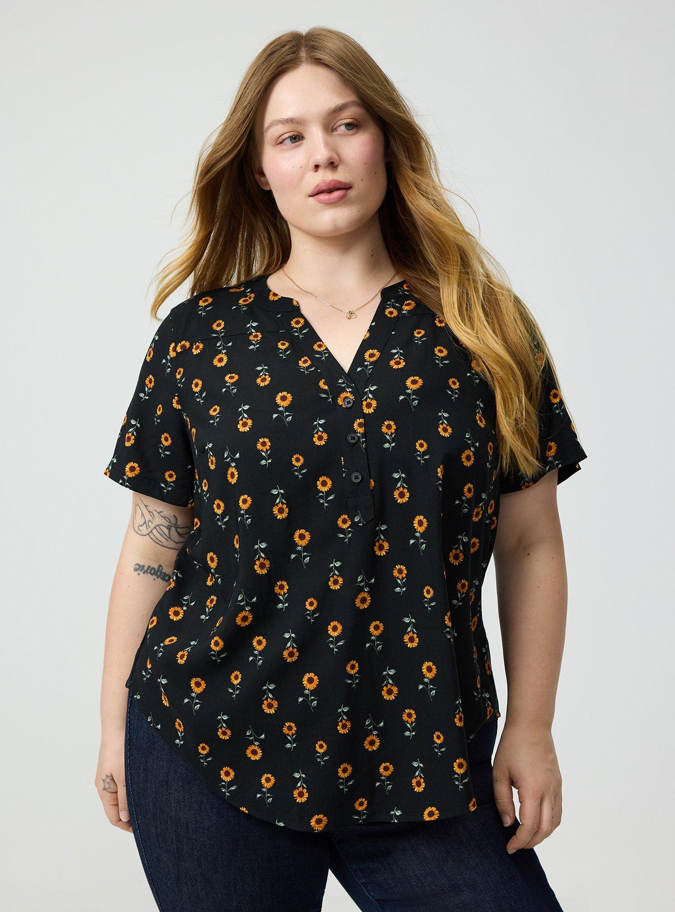 Harper Challis Short Sleeve Blouse, STEM SUNFLOWERS DEEP BLACK, hi-res