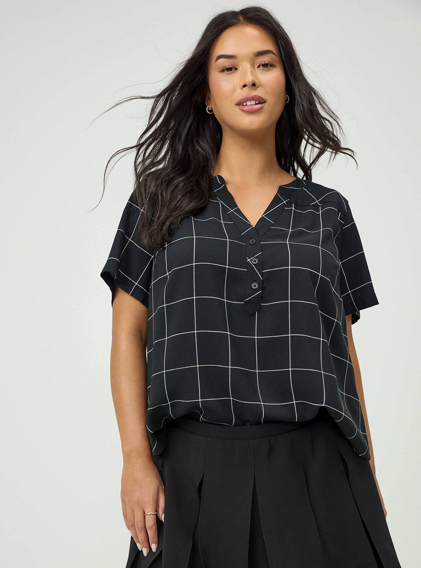 Harper Challis Short Sleeve Blouse, THIN PANE PLAID BLACK, alternate