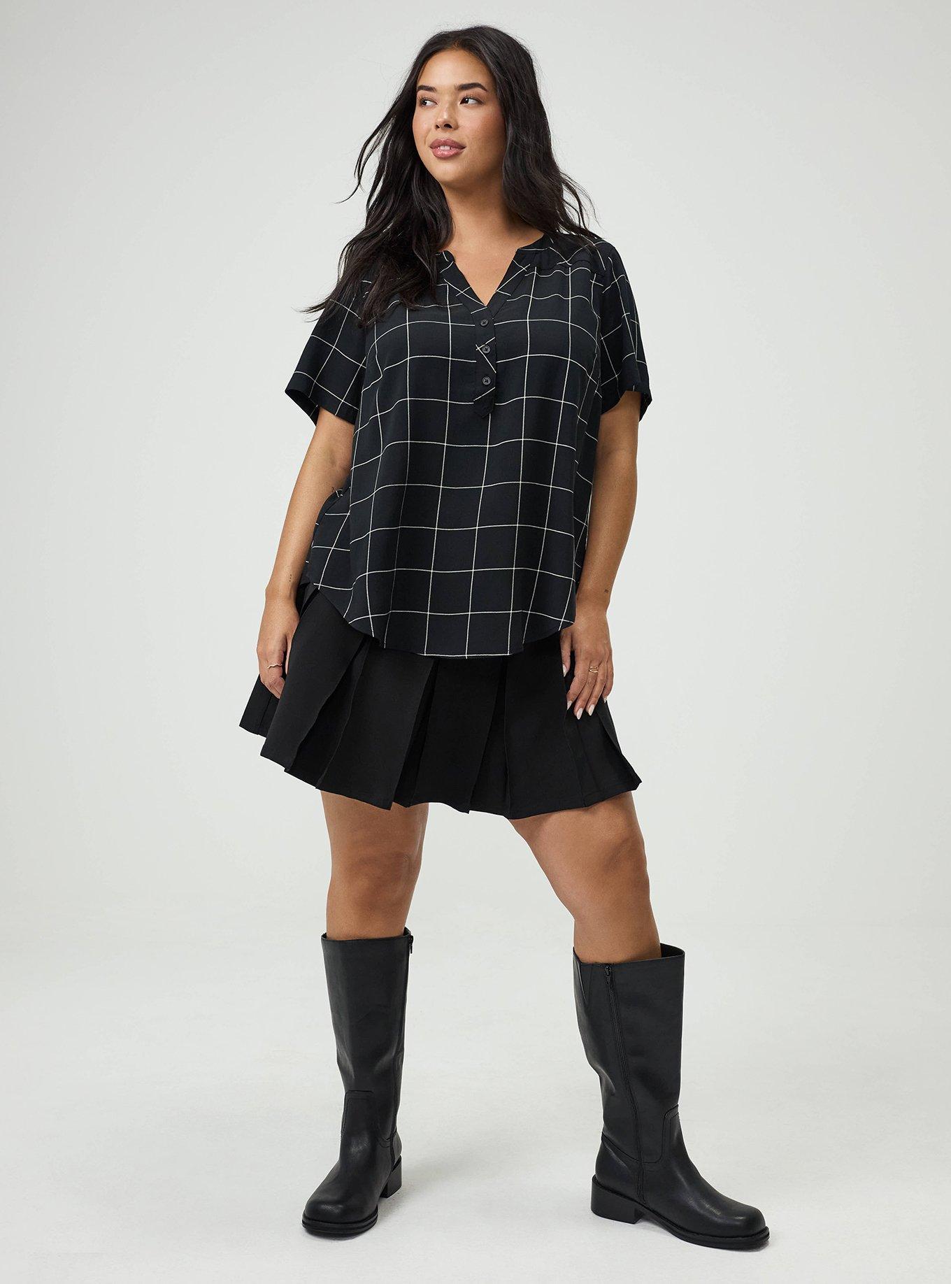 Harper Challis Short Sleeve Blouse, THIN PANE PLAID BLACK, alternate