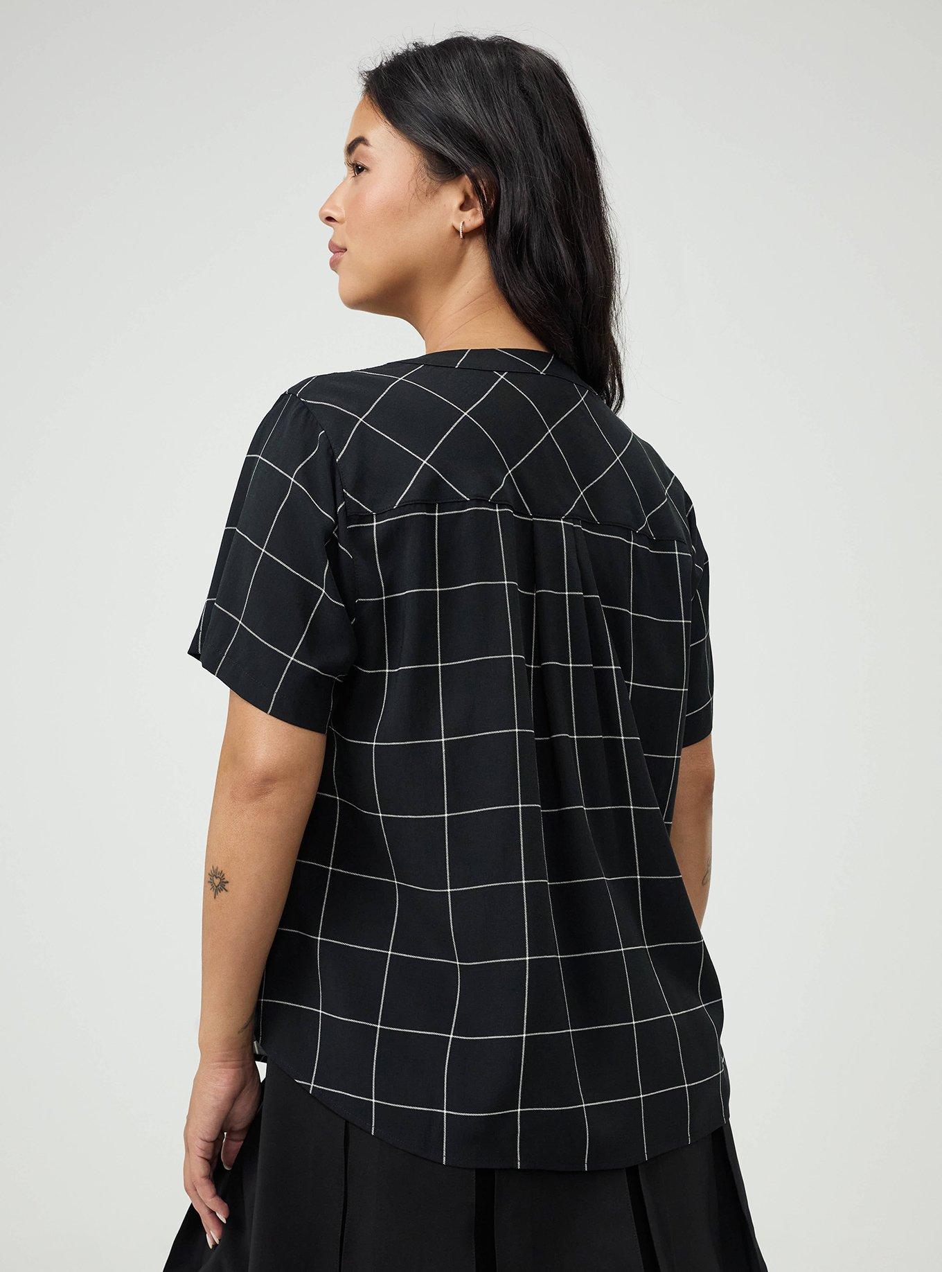 Harper Challis Short Sleeve Blouse, THIN PANE PLAID BLACK, alternate