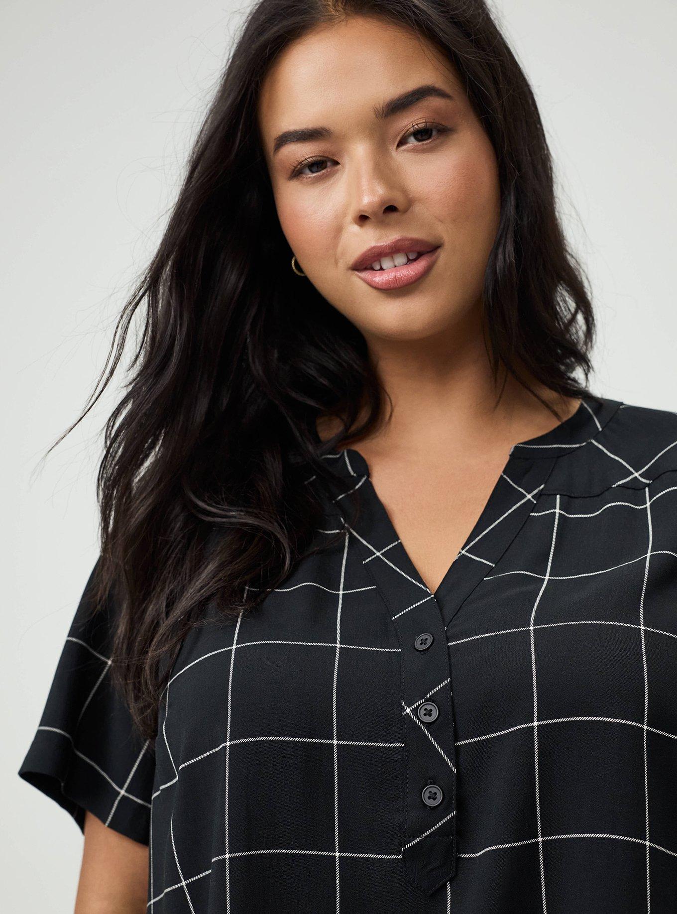 Harper Challis Short Sleeve Blouse, THIN PANE PLAID BLACK, alternate