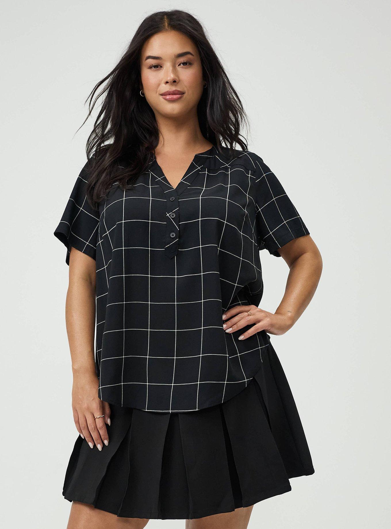 Harper Challis Short Sleeve Blouse, THIN PANE PLAID BLACK, hi-res