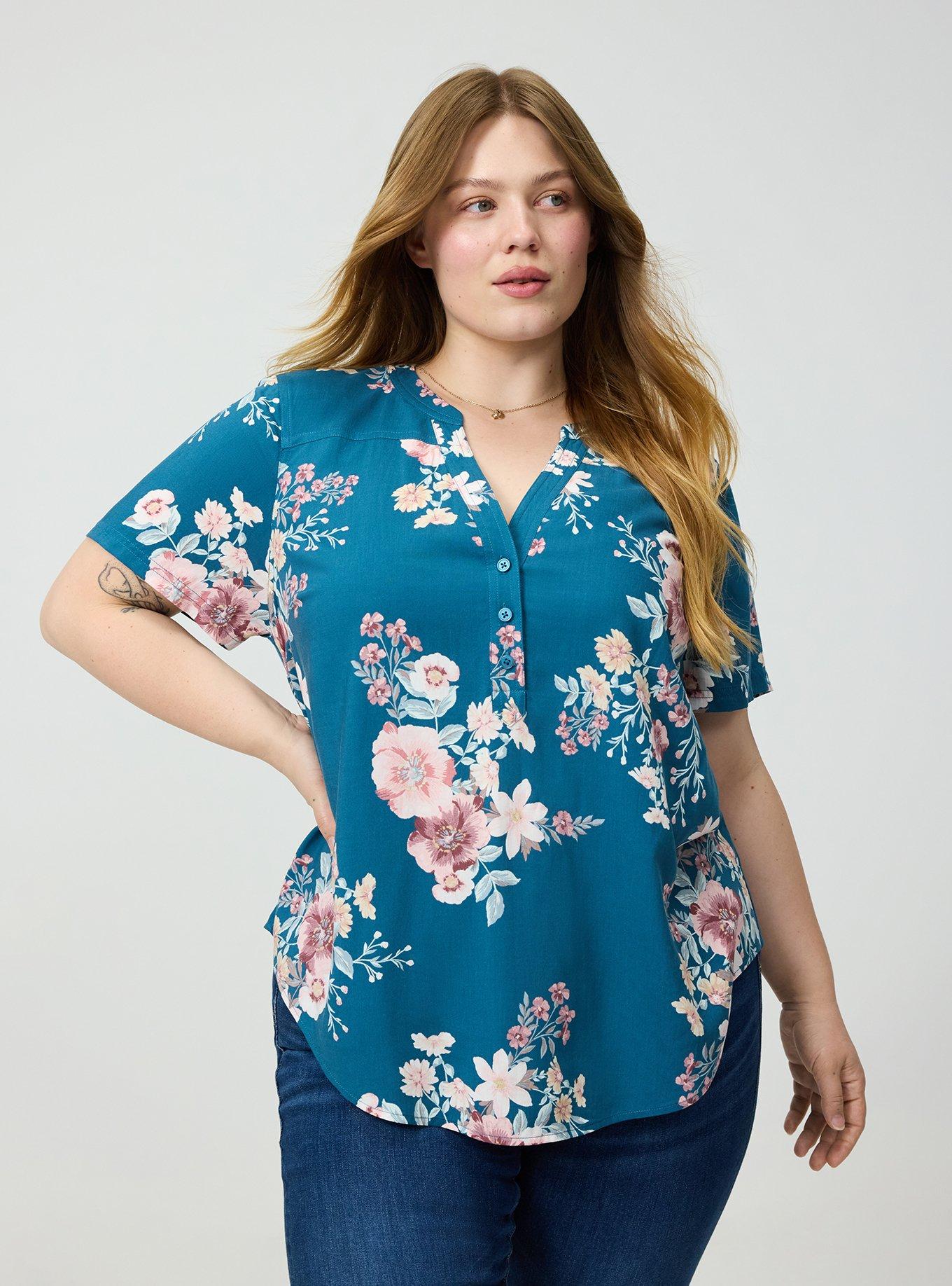 Harper Challis Short Sleeve Blouse, CAMMY FLORAL TEAL, hi-res