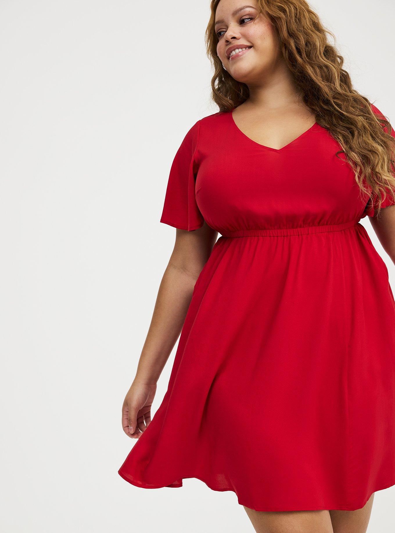 V-Neck Elastic Waist Mini Dress, JESTER RED, alternate