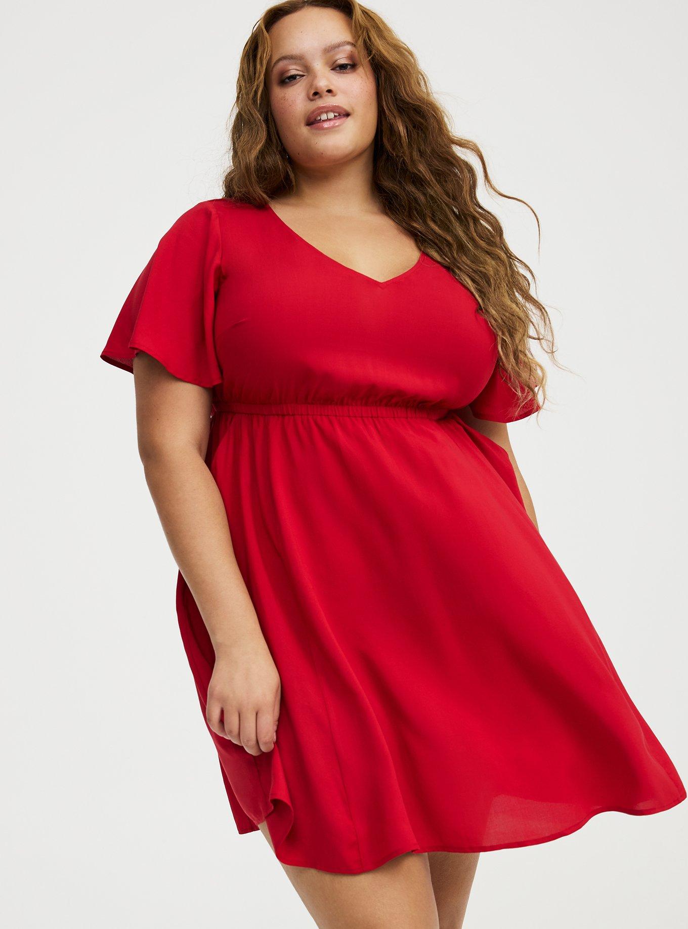 V-Neck Elastic Waist Mini Dress, JESTER RED, hi-res