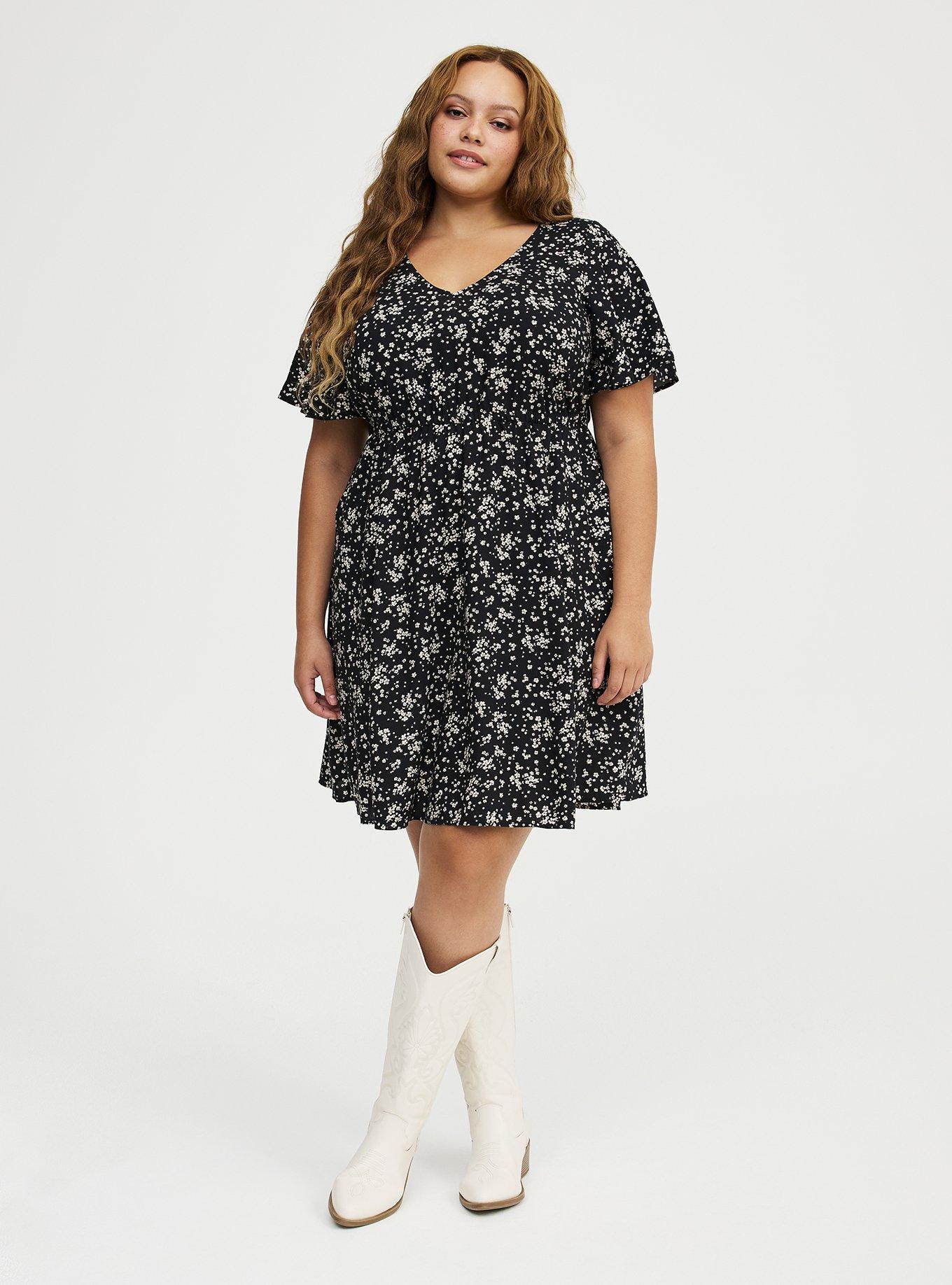 V-Neck Elastic Waist Mini Dress, DUSTED DITSY FLORAL BLACK, alternate