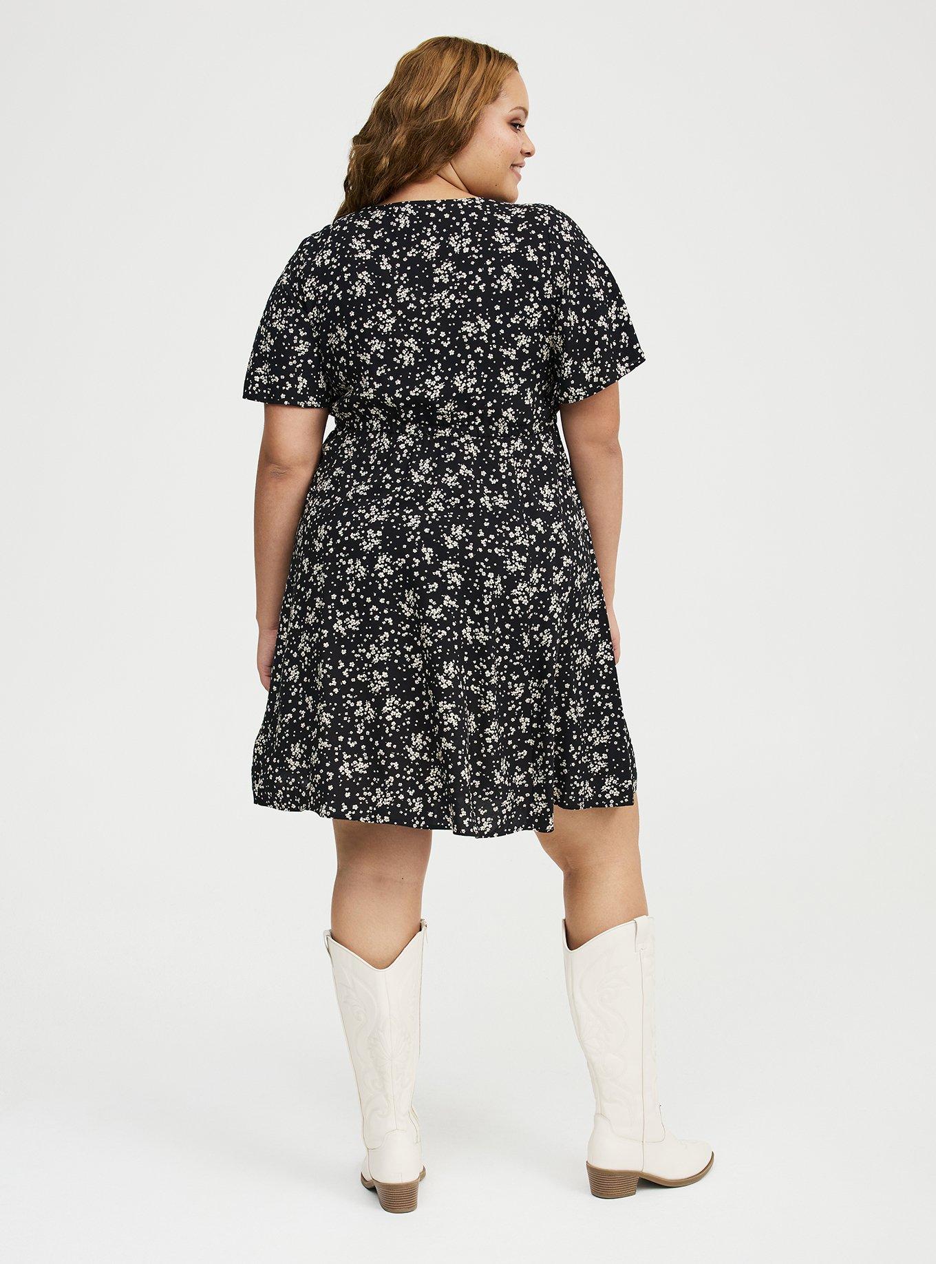 V-Neck Elastic Waist Mini Dress, DUSTED DITSY FLORAL BLACK, alternate