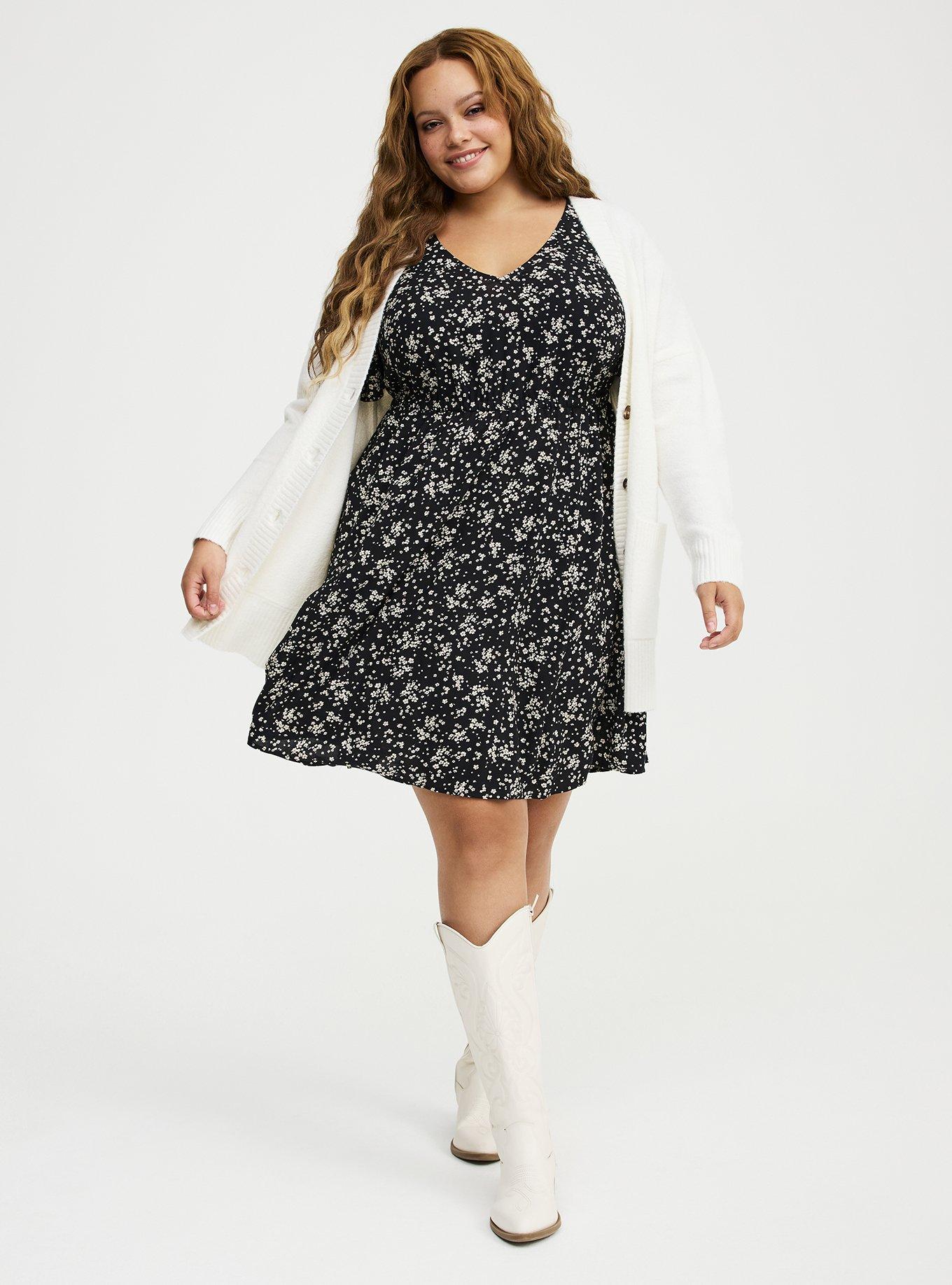 V-Neck Elastic Waist Mini Dress, DUSTED DITSY FLORAL BLACK, alternate