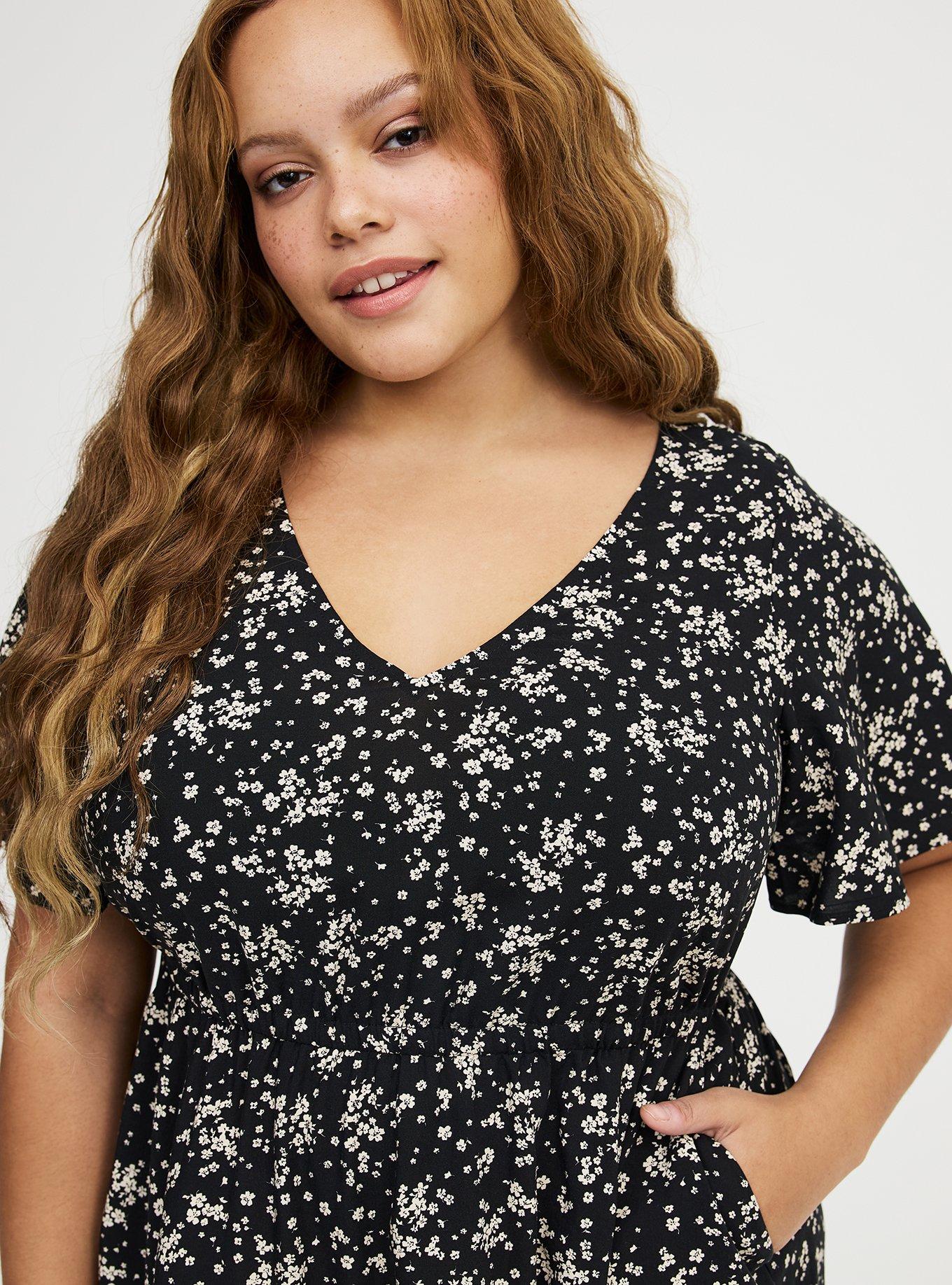 V-Neck Elastic Waist Mini Dress, DUSTED DITSY FLORAL BLACK, alternate