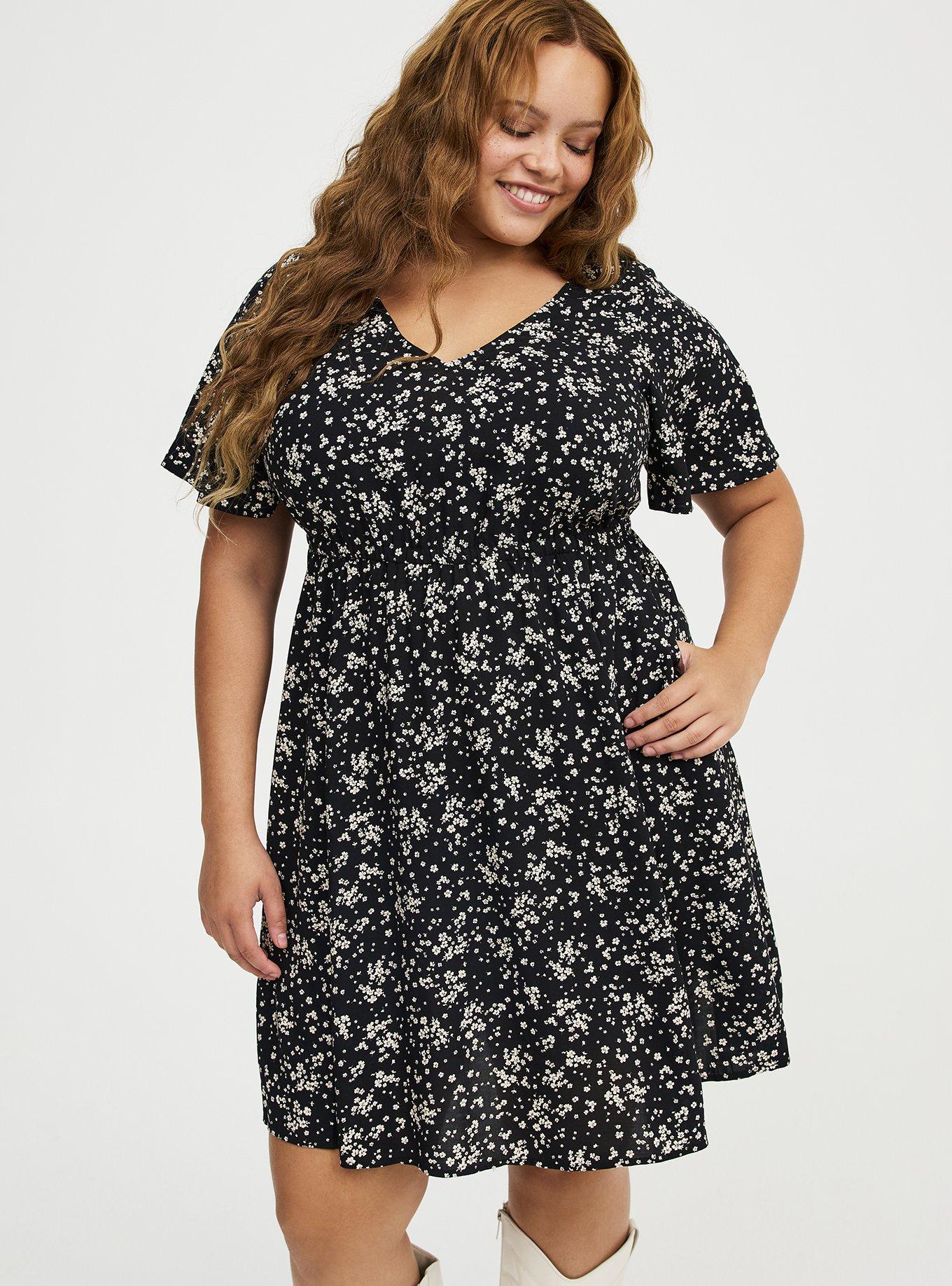 V-Neck Elastic Waist Mini Dress, DUSTED DITSY FLORAL BLACK, alternate