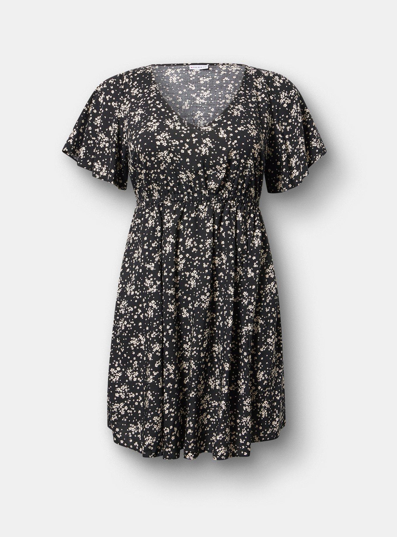 V-Neck Elastic Waist Mini Dress, DUSTED DITSY FLORAL BLACK, hi-res