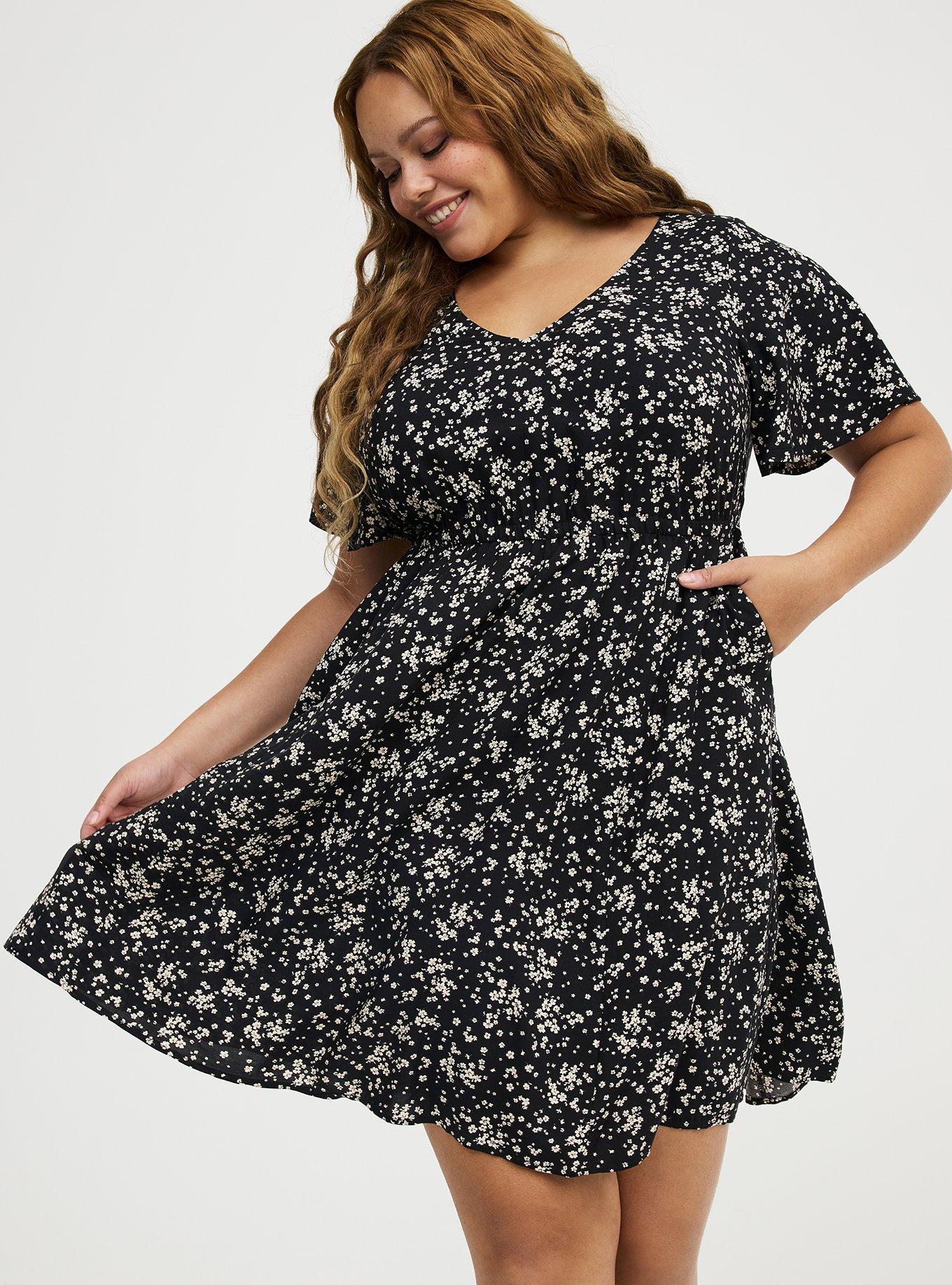 V-Neck Elastic Waist Mini Dress, DUSTED DITSY FLORAL BLACK, hi-res