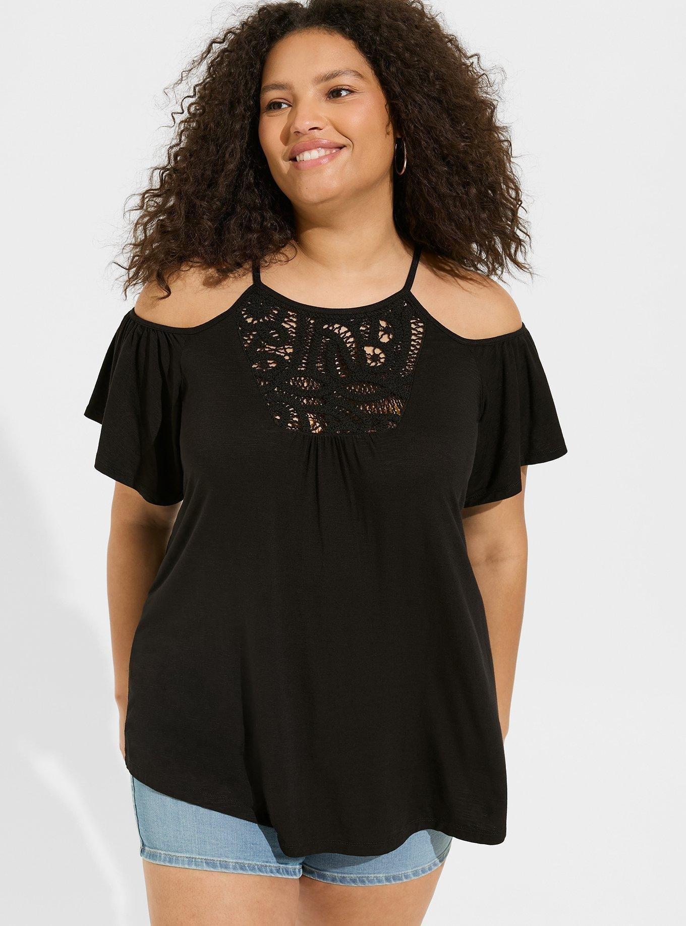 Super Soft Slub High Neck Crochet Cold Shoulder Top, DEEP BLACK, alternate