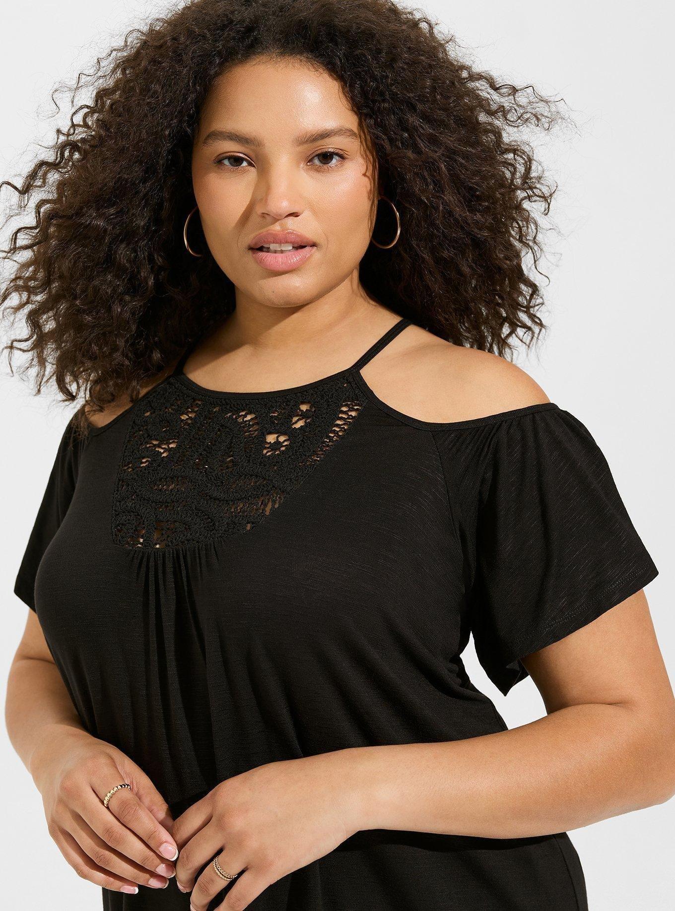 Super Soft Slub High Neck Crochet Cold Shoulder Top