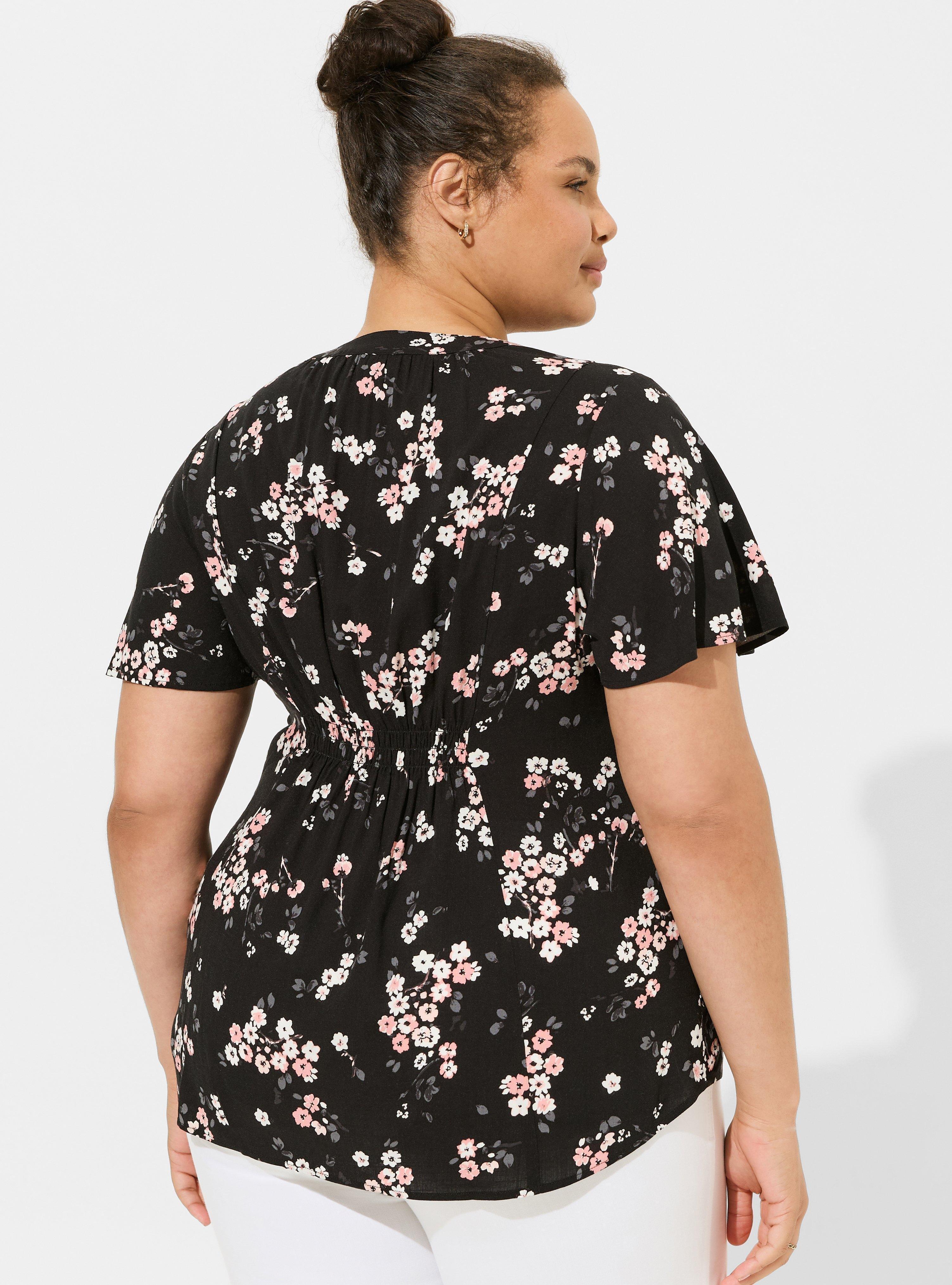 Rayon Slub Flutter Sleeve Top, BLACK FLORAL, alternate