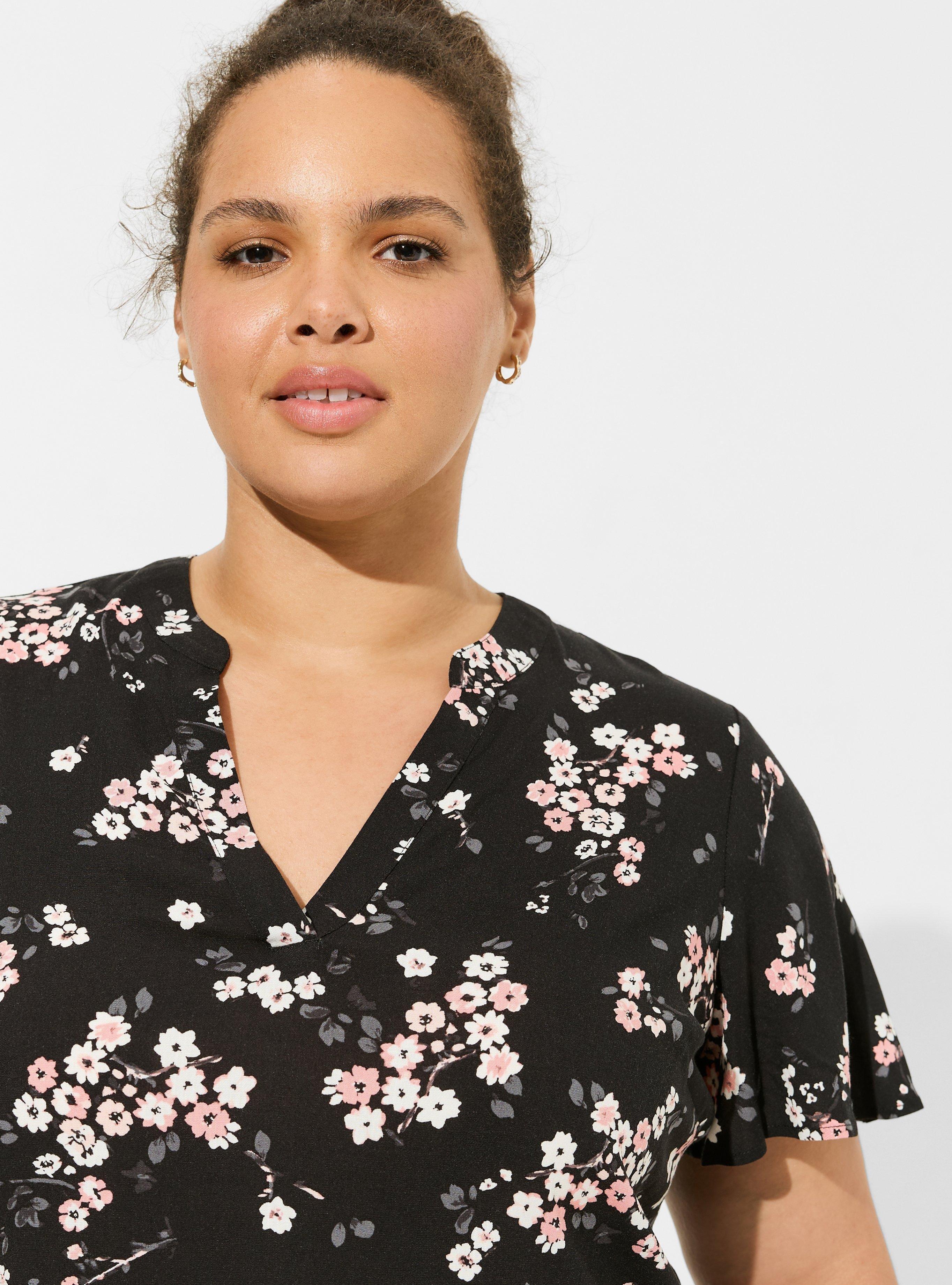 Rayon Slub Flutter Sleeve Top, BLACK FLORAL, alternate