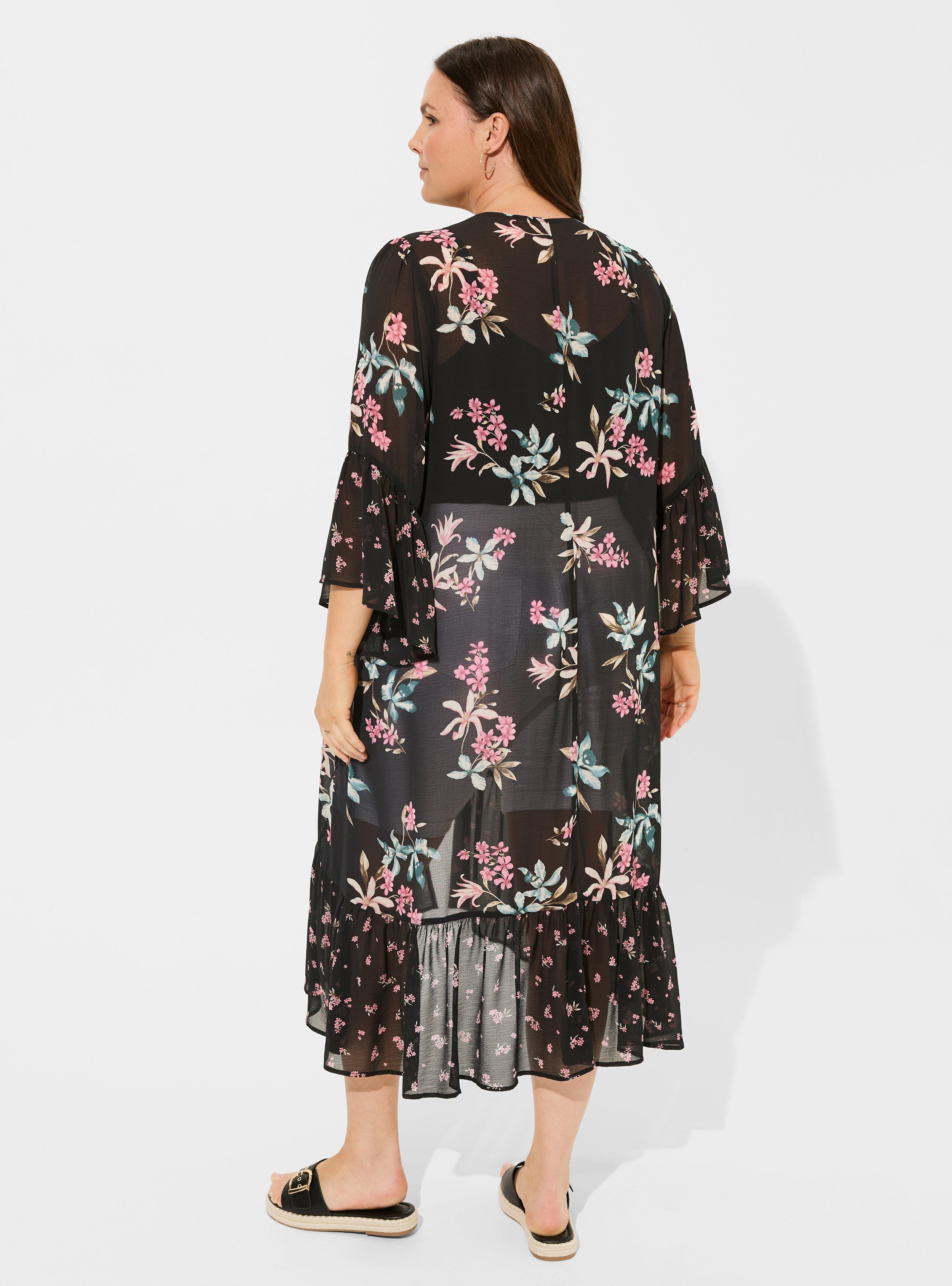 Crepe Ruffle Kimono, ORCHID GARDENS FLORAL DEEP BLACK, alternate