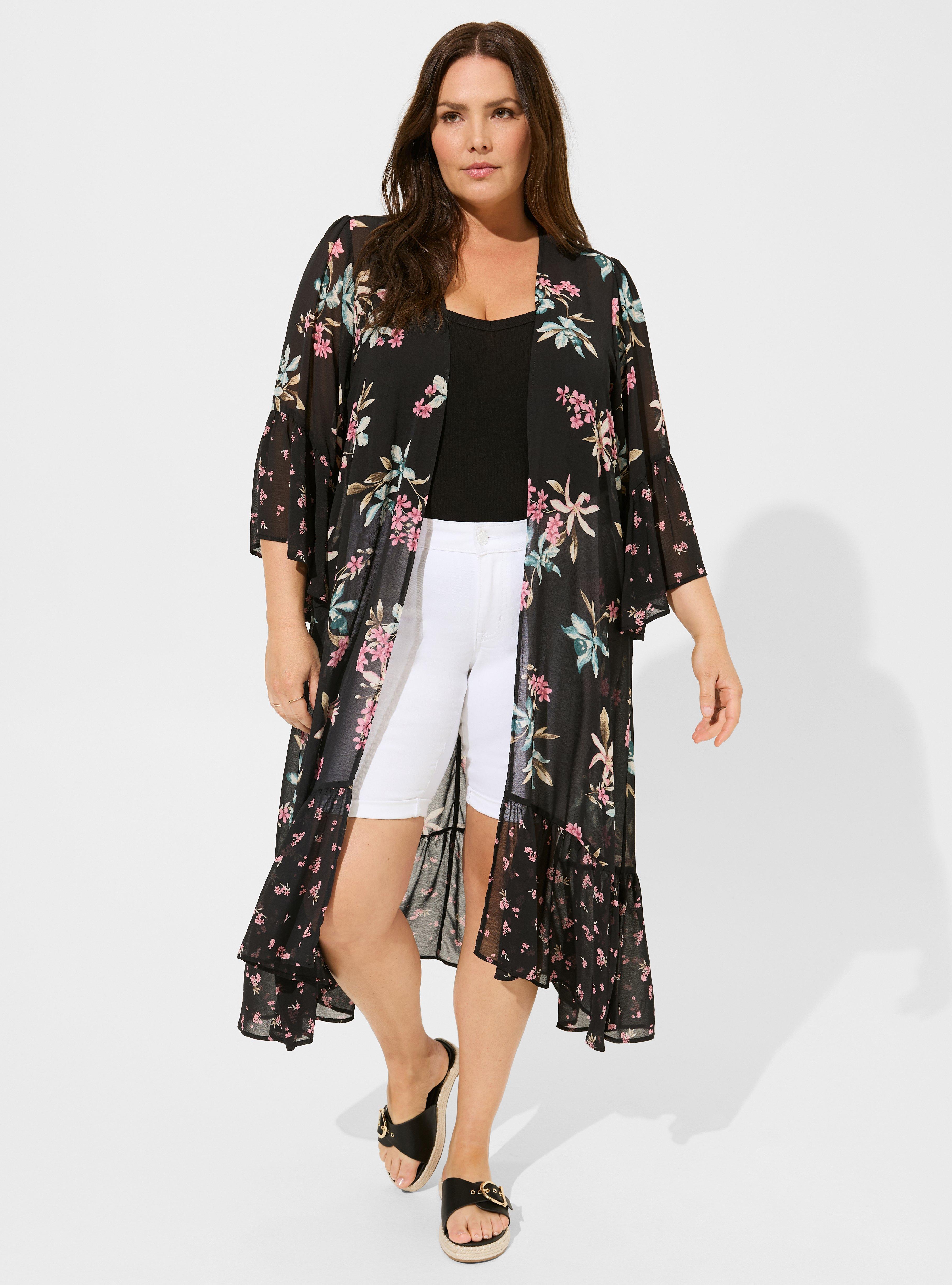 Crepe Ruffle Kimono, ORCHID GARDENS FLORAL DEEP BLACK, alternate