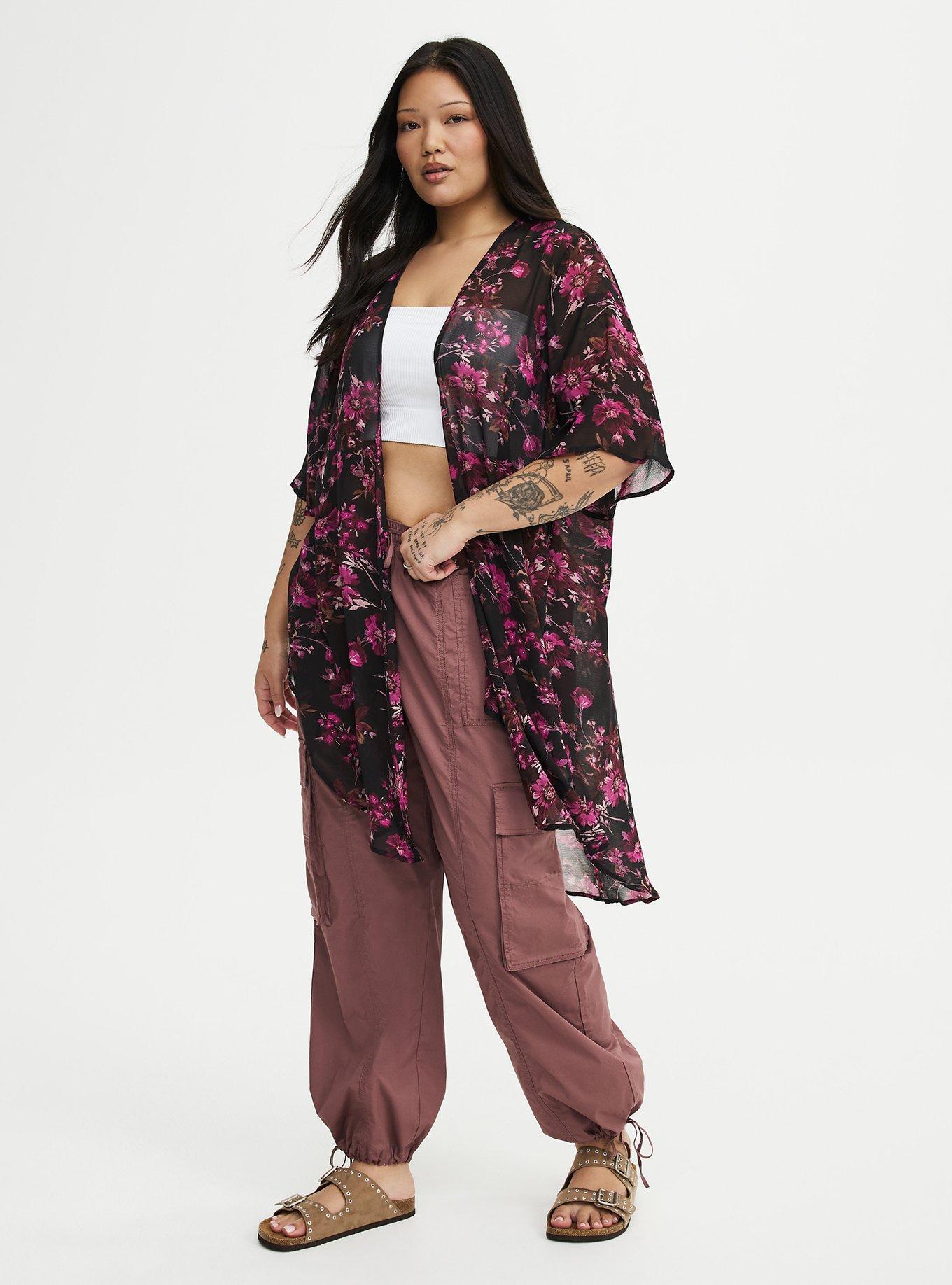 Textured  Chiffon Kimono, WHIMSICAL DAISY FLORAL BLACK, alternate