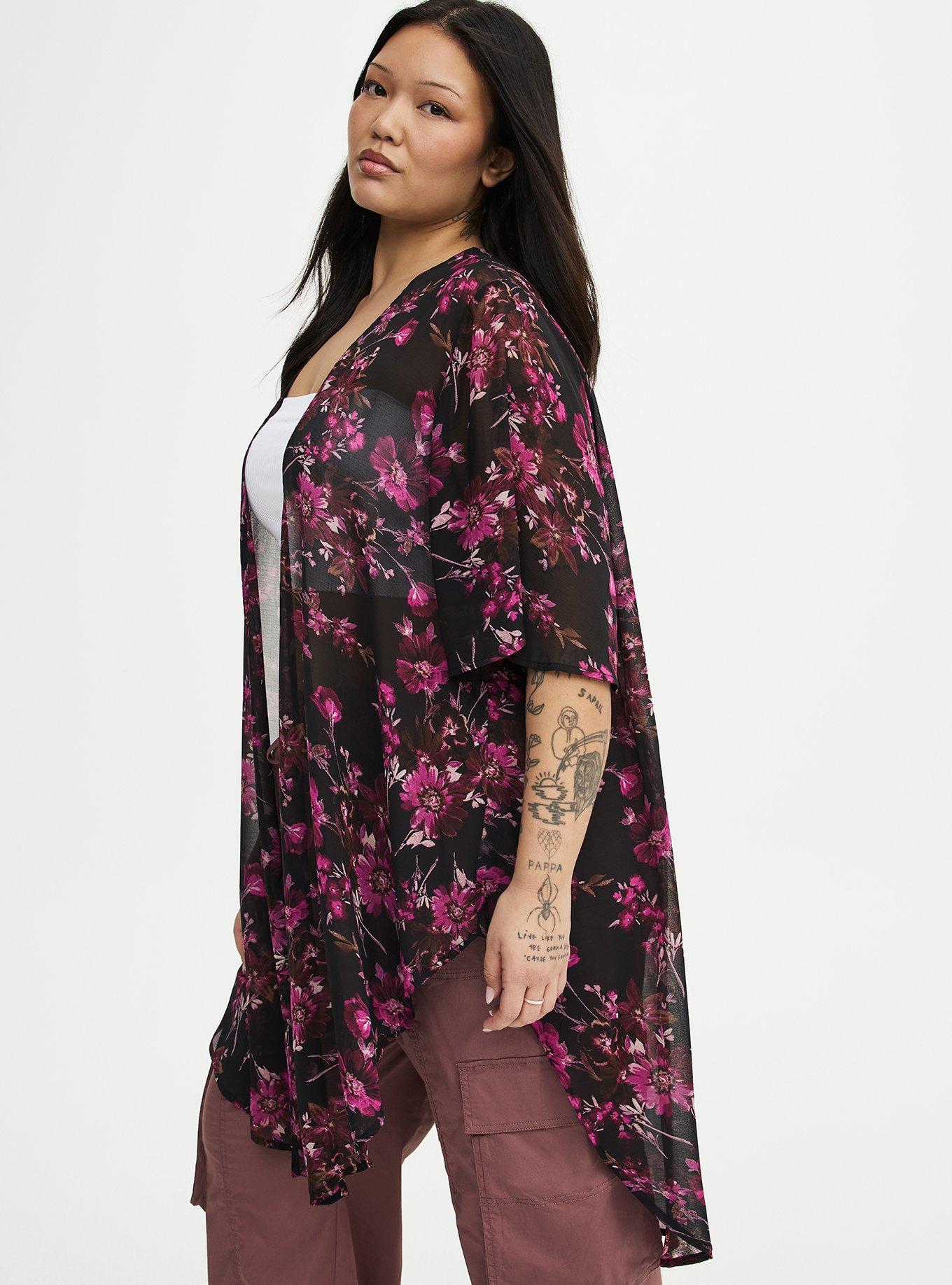 Textured  Chiffon Kimono, WHIMSICAL DAISY FLORAL BLACK, alternate
