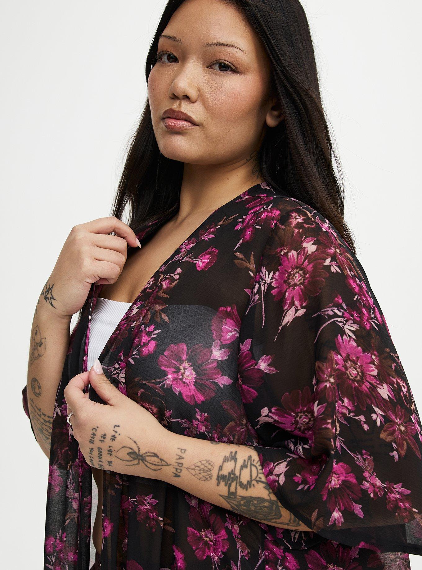 Textured  Chiffon Kimono, WHIMSICAL DAISY FLORAL BLACK, alternate