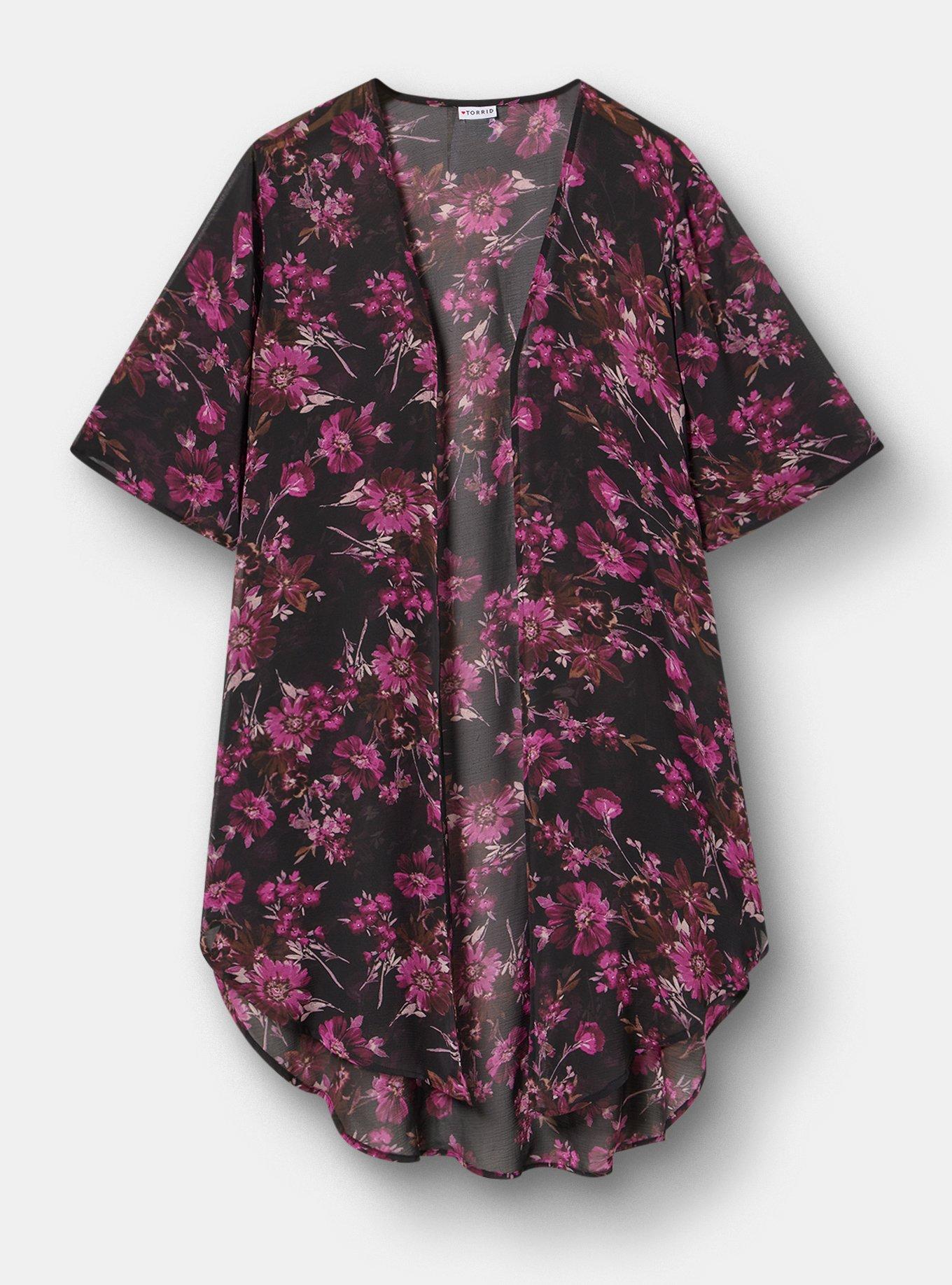 Textured  Chiffon Kimono, WHIMSICAL DAISY FLORAL BLACK, hi-res