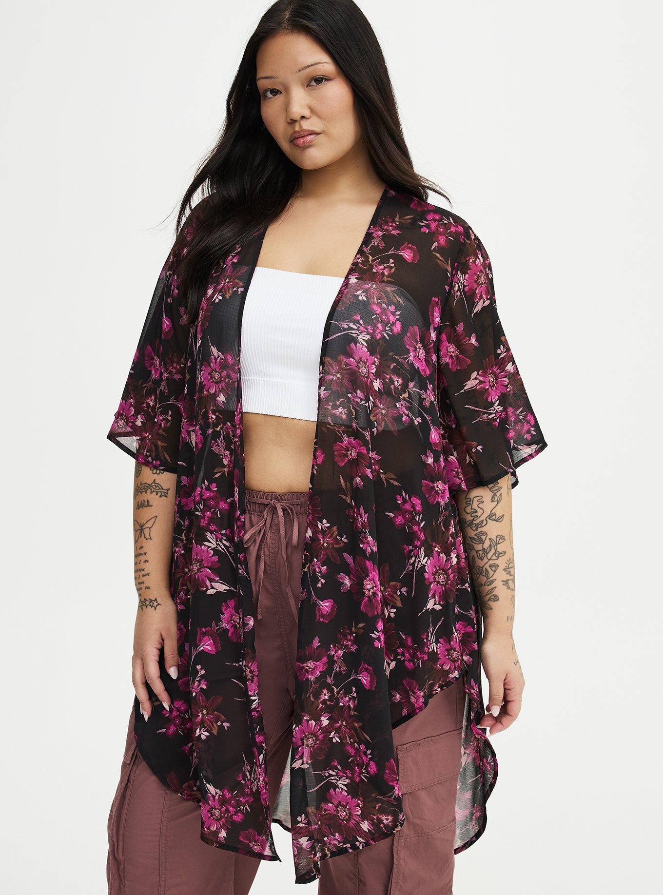 Textured  Chiffon Kimono, WHIMSICAL DAISY FLORAL BLACK, hi-res